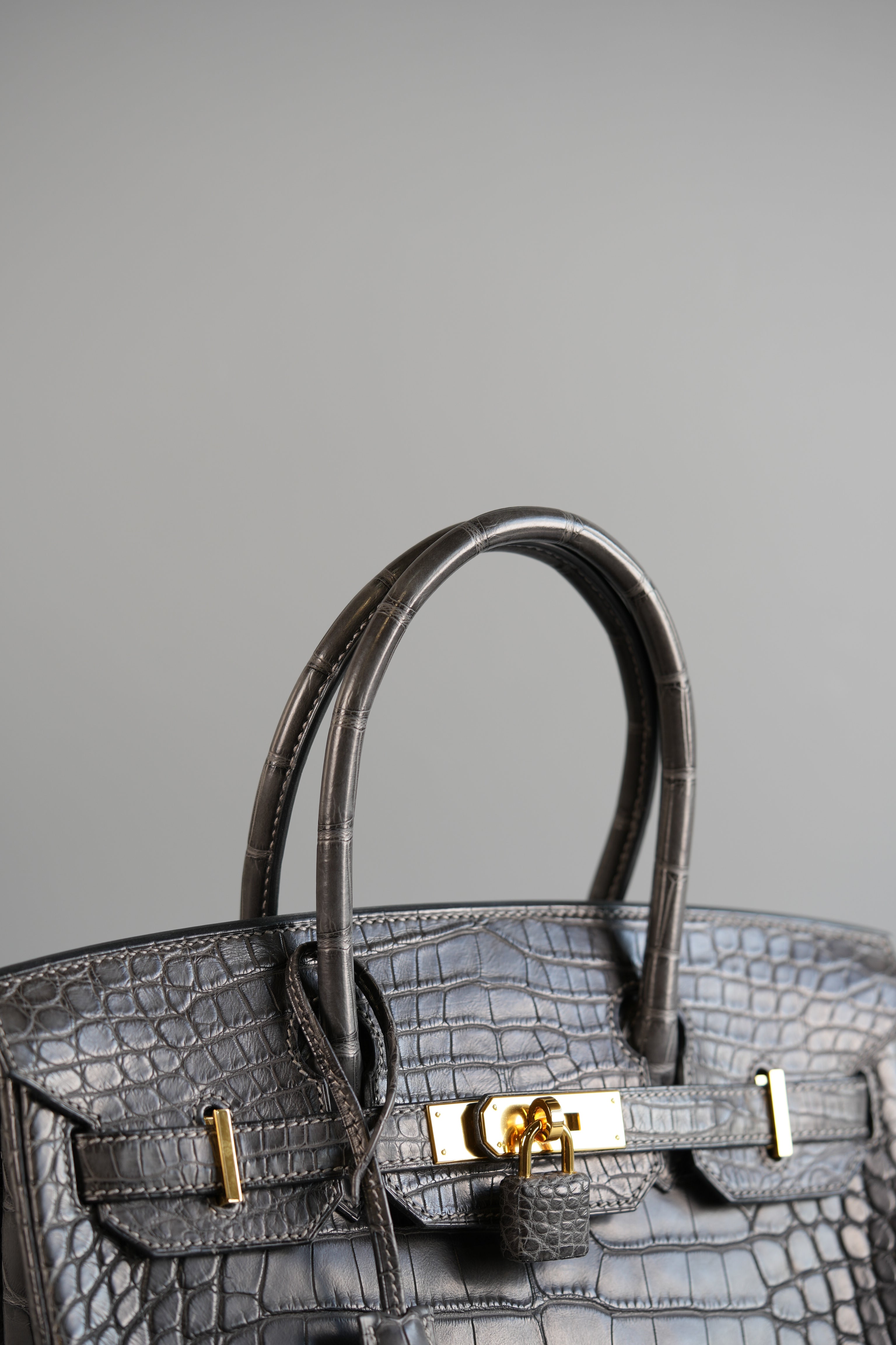 Birkin 30 Graphite Matte Alligator in Gold Hardware Stamp X | Purse Maison Luxury Bags Shop