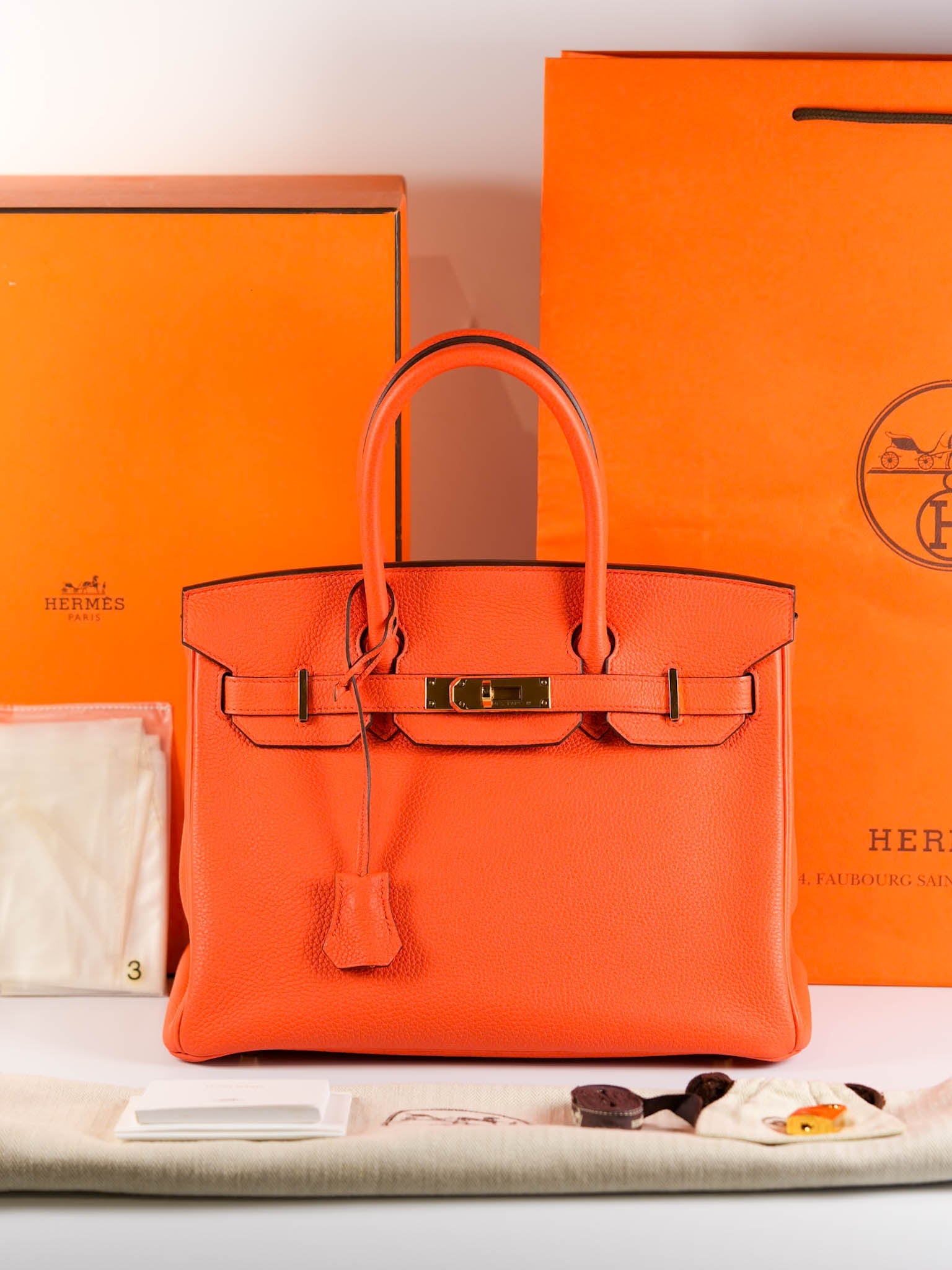 Birkin 30 in Orange Poppy Veau Togo & Gold Hardware Stamp A | Purse Maison Luxury Bags Shop