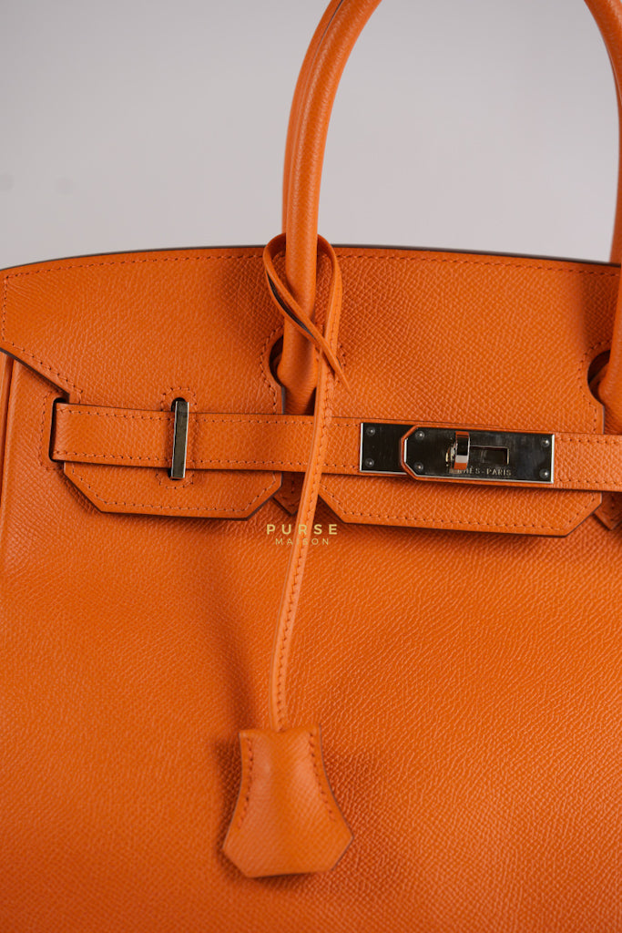 Birkin 30 in Orange Veau Epsom & Palladium Hardware Stamp Square Q | Purse Maison Luxury Bags Shop