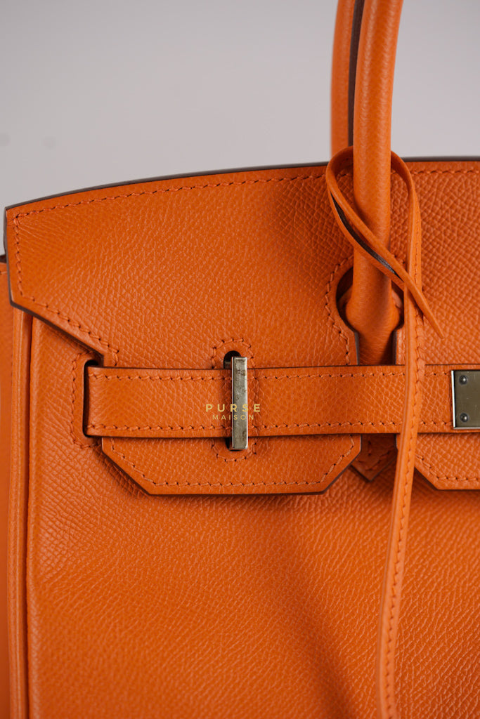 Birkin 30 in Orange Veau Epsom & Palladium Hardware Stamp Square Q | Purse Maison Luxury Bags Shop
