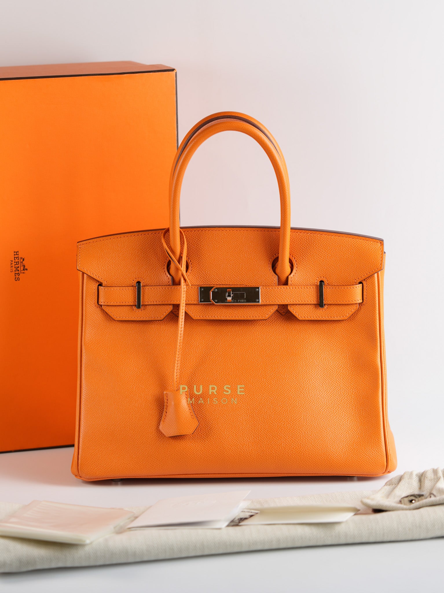 Birkin 30 in Orange Veau Epsom & Palladium Hardware Stamp Square Q | Purse Maison Luxury Bags Shop