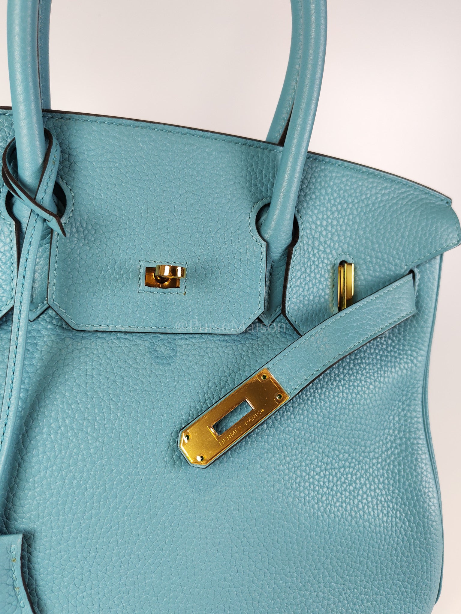 Birkin 30 Retourne in Bleu Saint Clemence and Gold Hardware Stamp T (2015) | Purse Maison Luxury Bags Shop