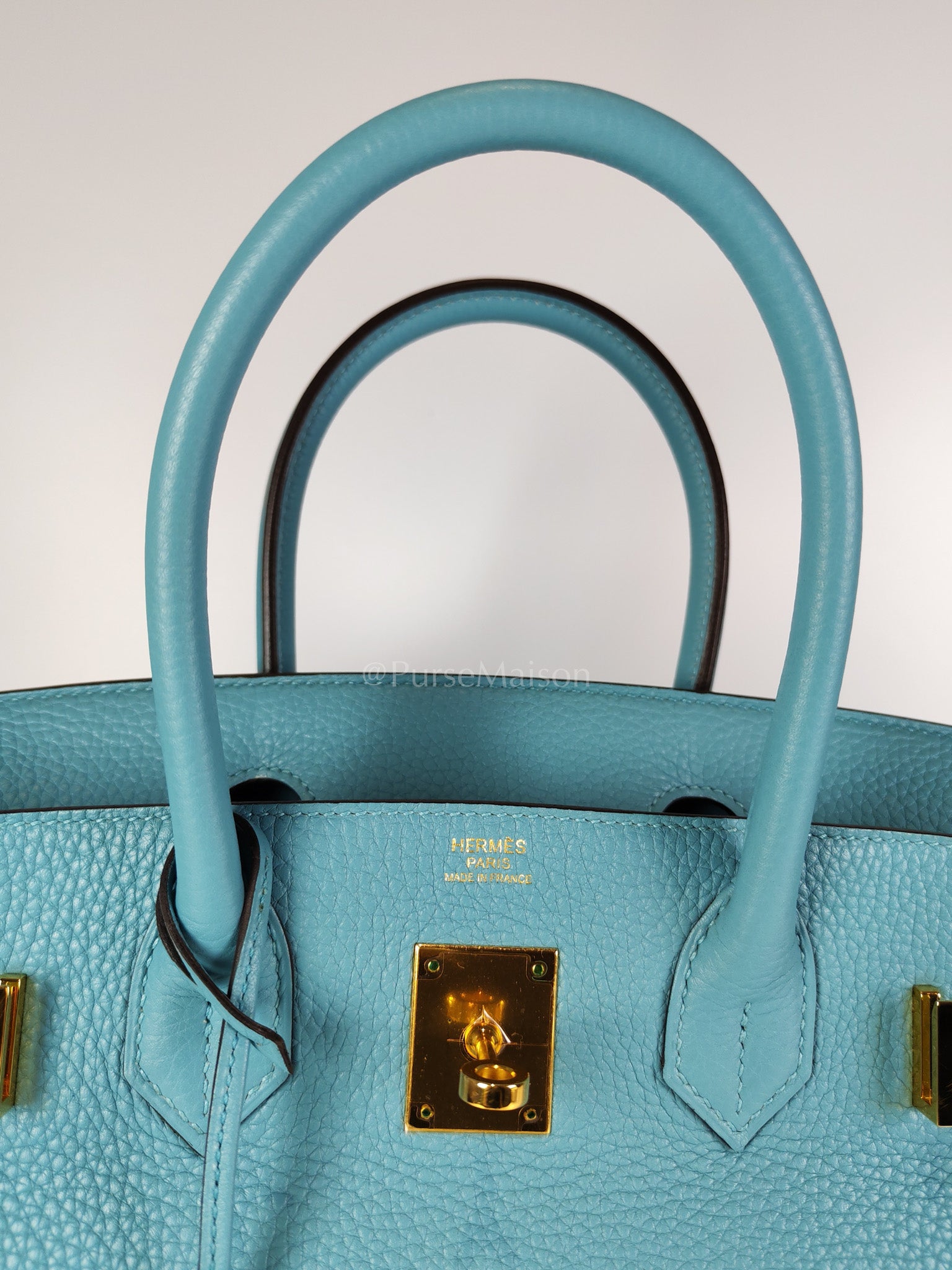 Birkin 30 Retourne in Bleu Saint Clemence and Gold Hardware Stamp T (2015) | Purse Maison Luxury Bags Shop