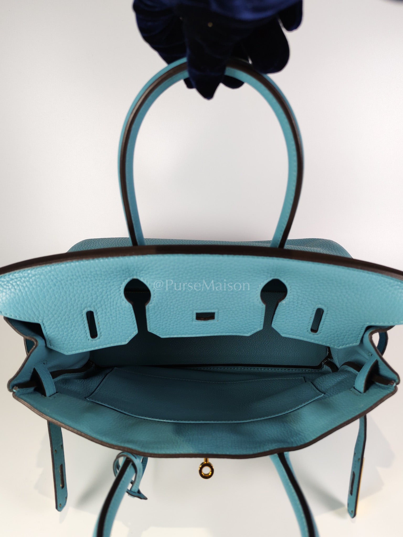 Birkin 30 Retourne in Bleu Saint Clemence and Gold Hardware Stamp T (2015) | Purse Maison Luxury Bags Shop