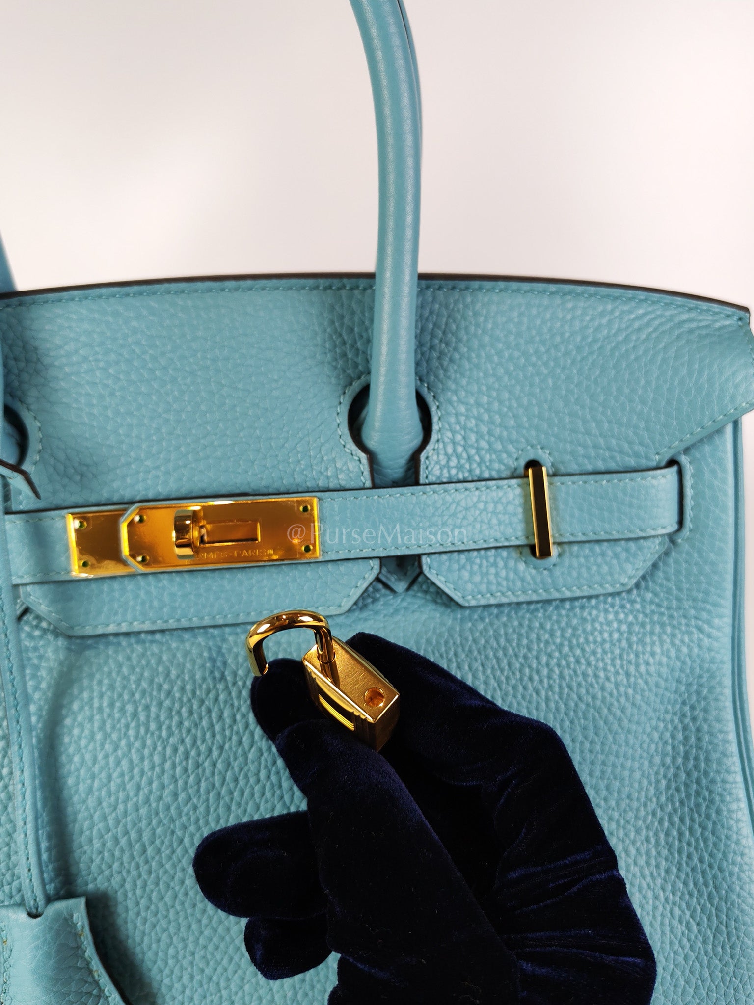 Birkin 30 Retourne in Bleu Saint Clemence and Gold Hardware Stamp T (2015) | Purse Maison Luxury Bags Shop