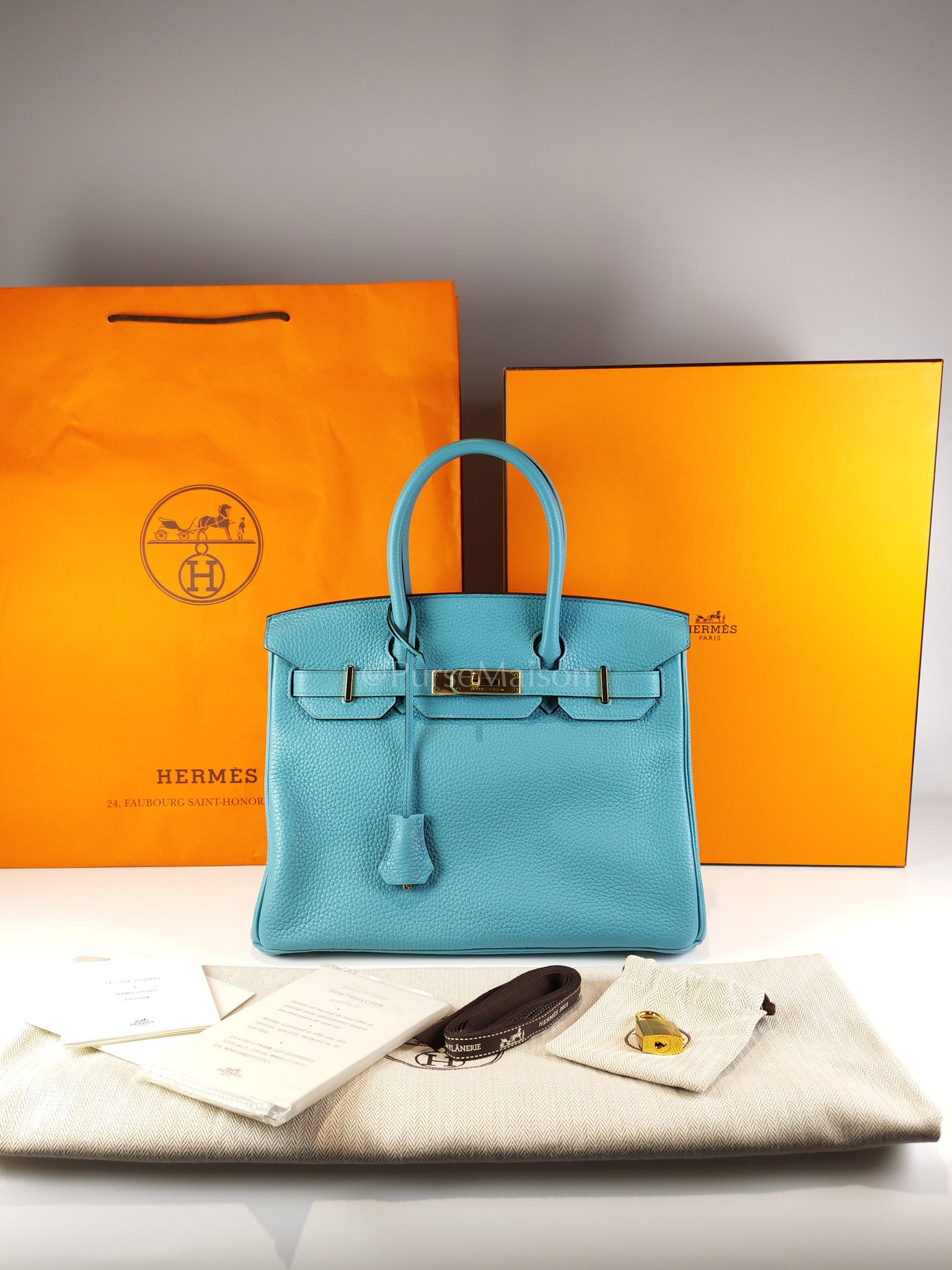 Birkin 30 Retourne in Bleu Saint Clemence and Gold Hardware Stamp T (2015) | Purse Maison Luxury Bags Shop