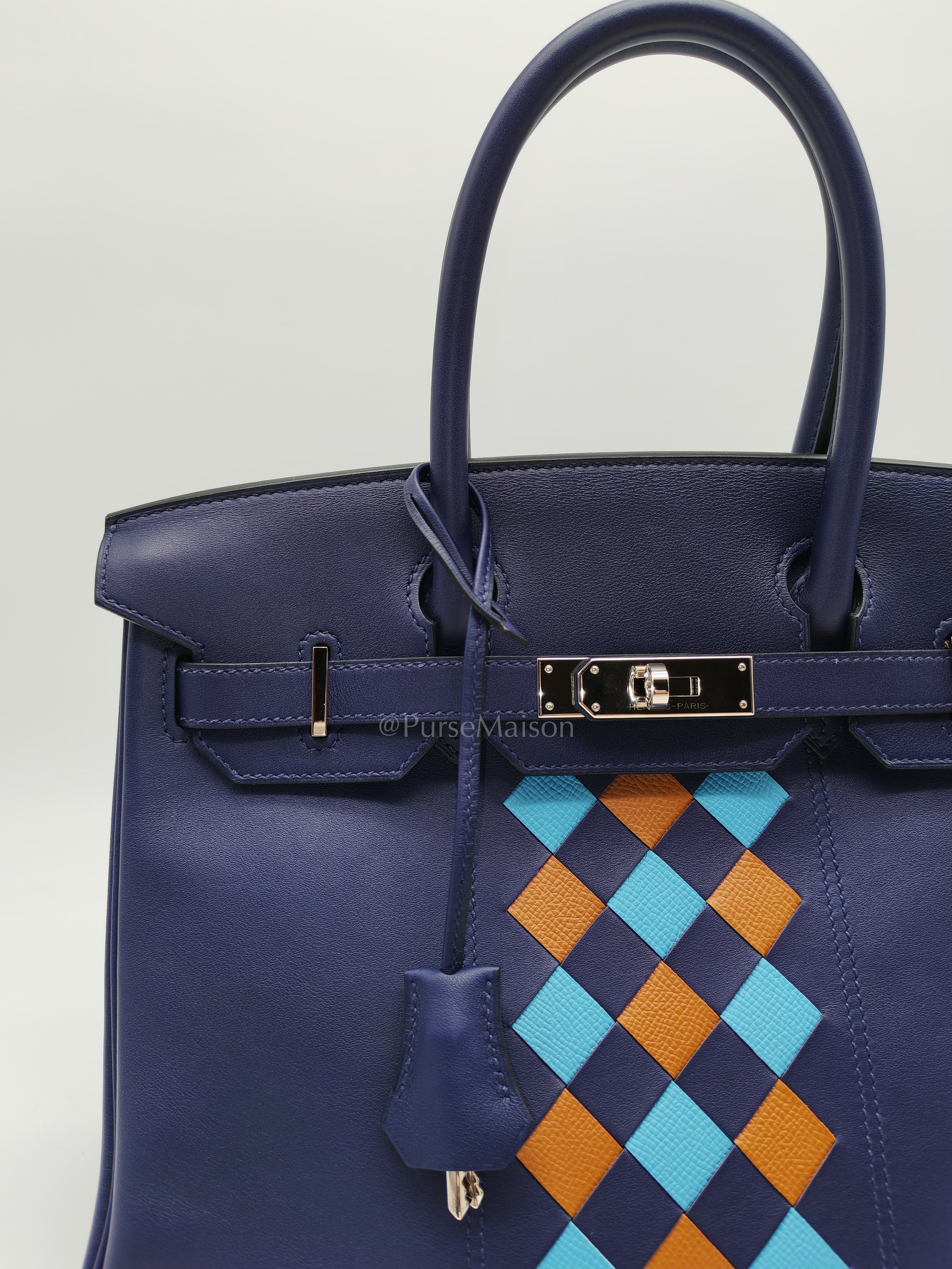 Birkin 30 Retourne in Tressage de Cuir Blue Du Nord/Bleu Encre Epsom in Swift Leather and Palladium Hardware Stamp D (2019) | Purse Maison Luxury Bags Shop