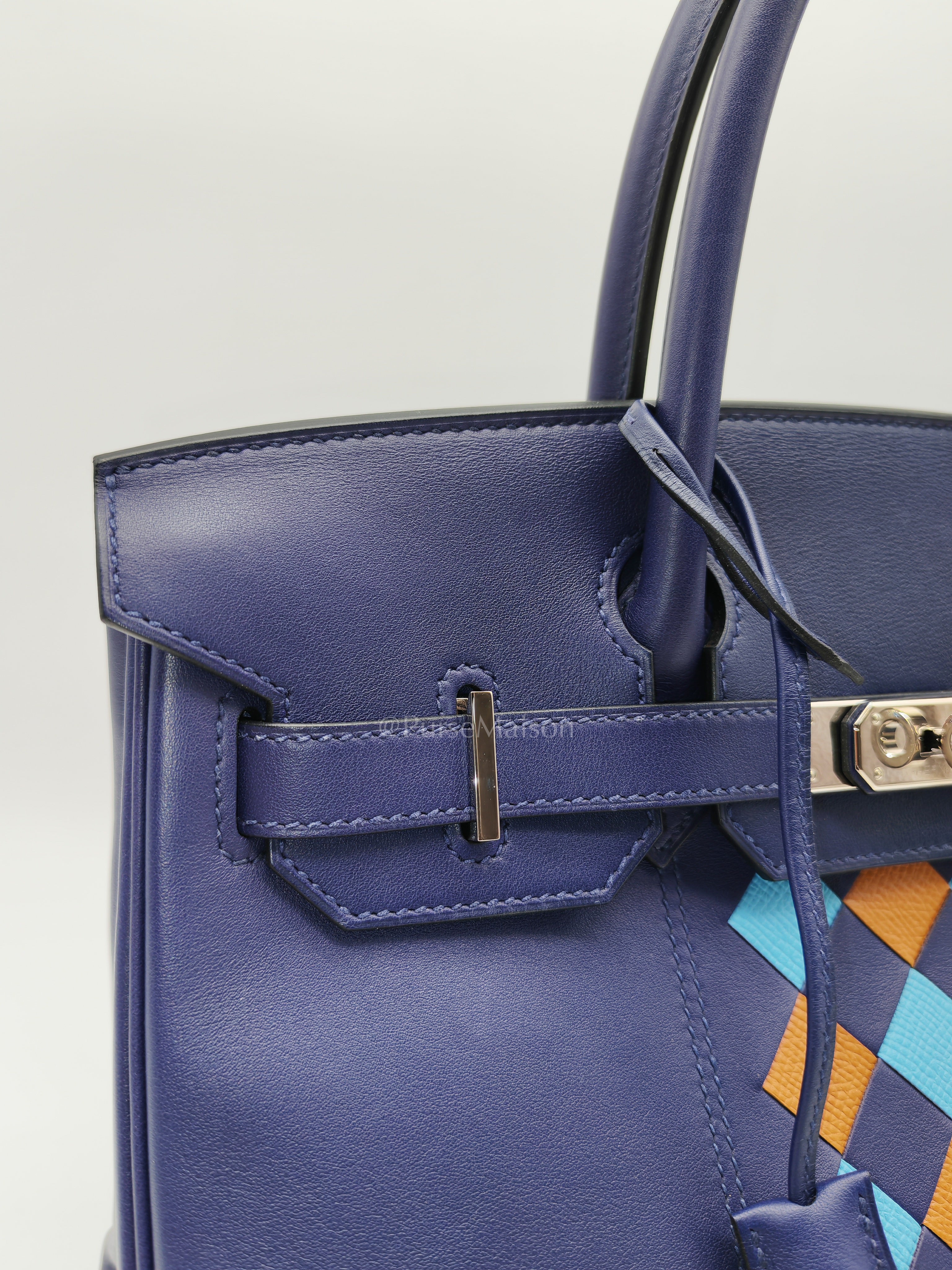 Birkin 30 Retourne in Tressage de Cuir Blue Du Nord/Bleu Encre Epsom in Swift Leather and Palladium Hardware Stamp D (2019) | Purse Maison Luxury Bags Shop