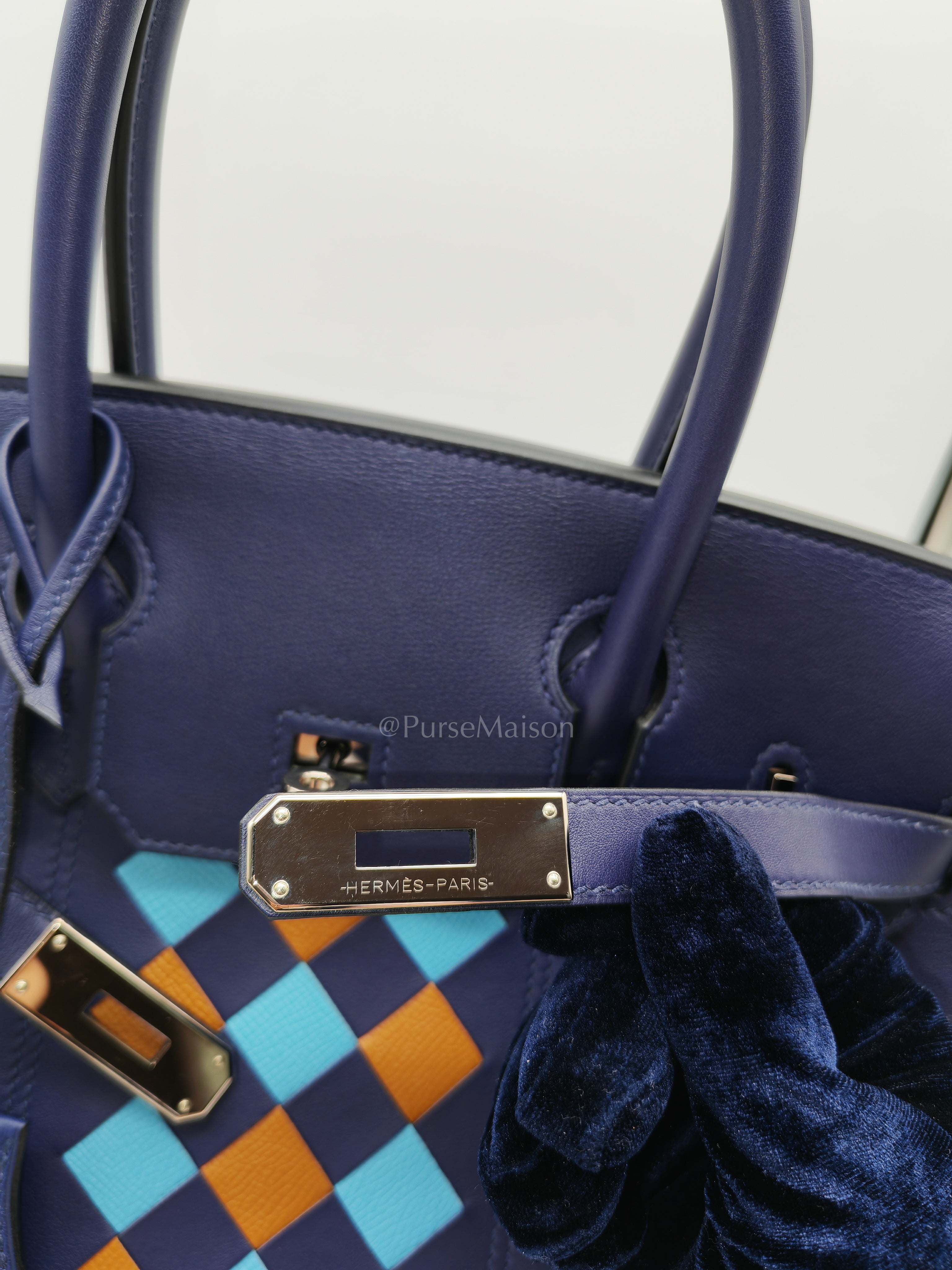 Birkin 30 Retourne in Tressage de Cuir Blue Du Nord/Bleu Encre Epsom in Swift Leather and Palladium Hardware Stamp D (2019) | Purse Maison Luxury Bags Shop