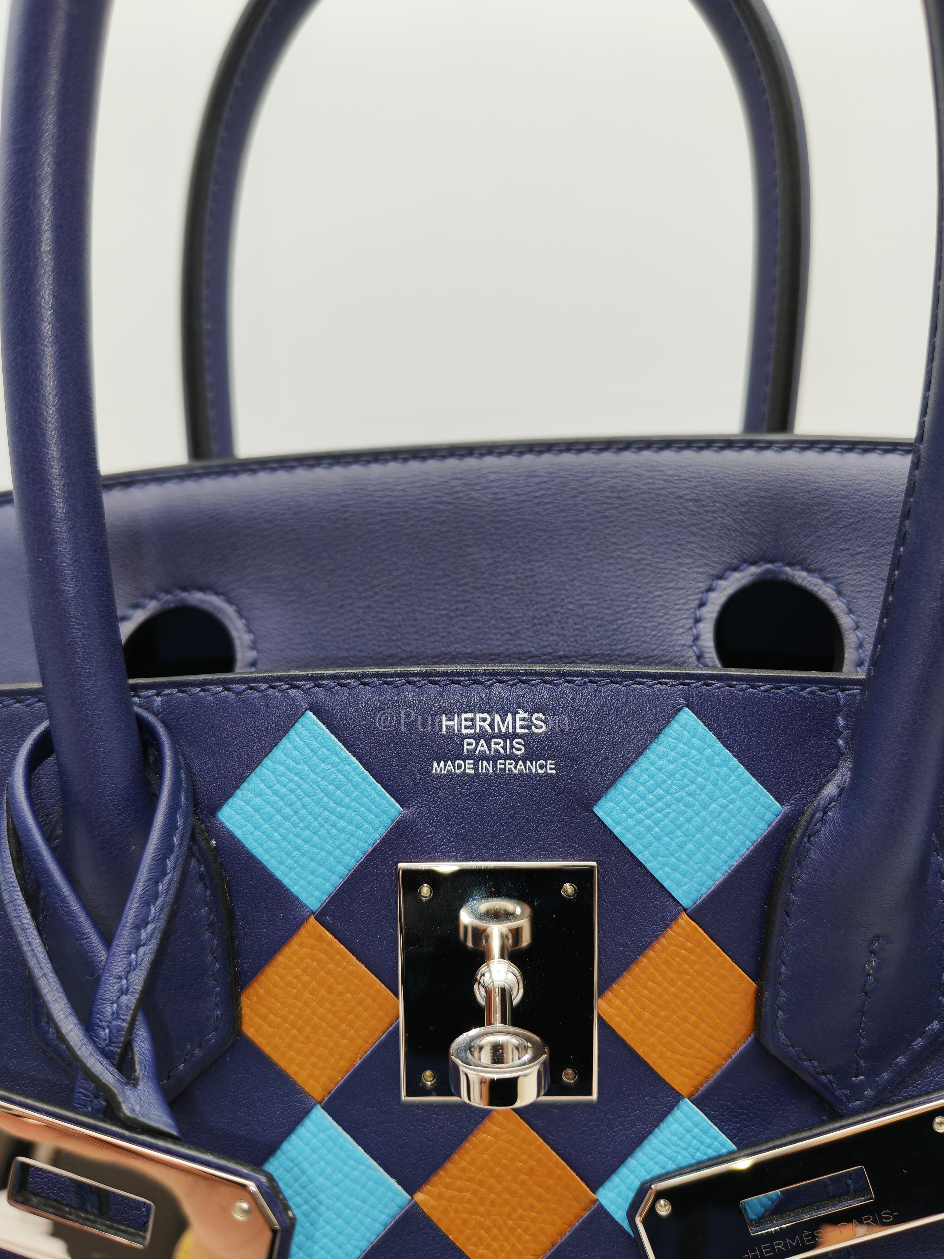 Birkin 30 Retourne in Tressage de Cuir Blue Du Nord/Bleu Encre Epsom in Swift Leather and Palladium Hardware Stamp D (2019) | Purse Maison Luxury Bags Shop