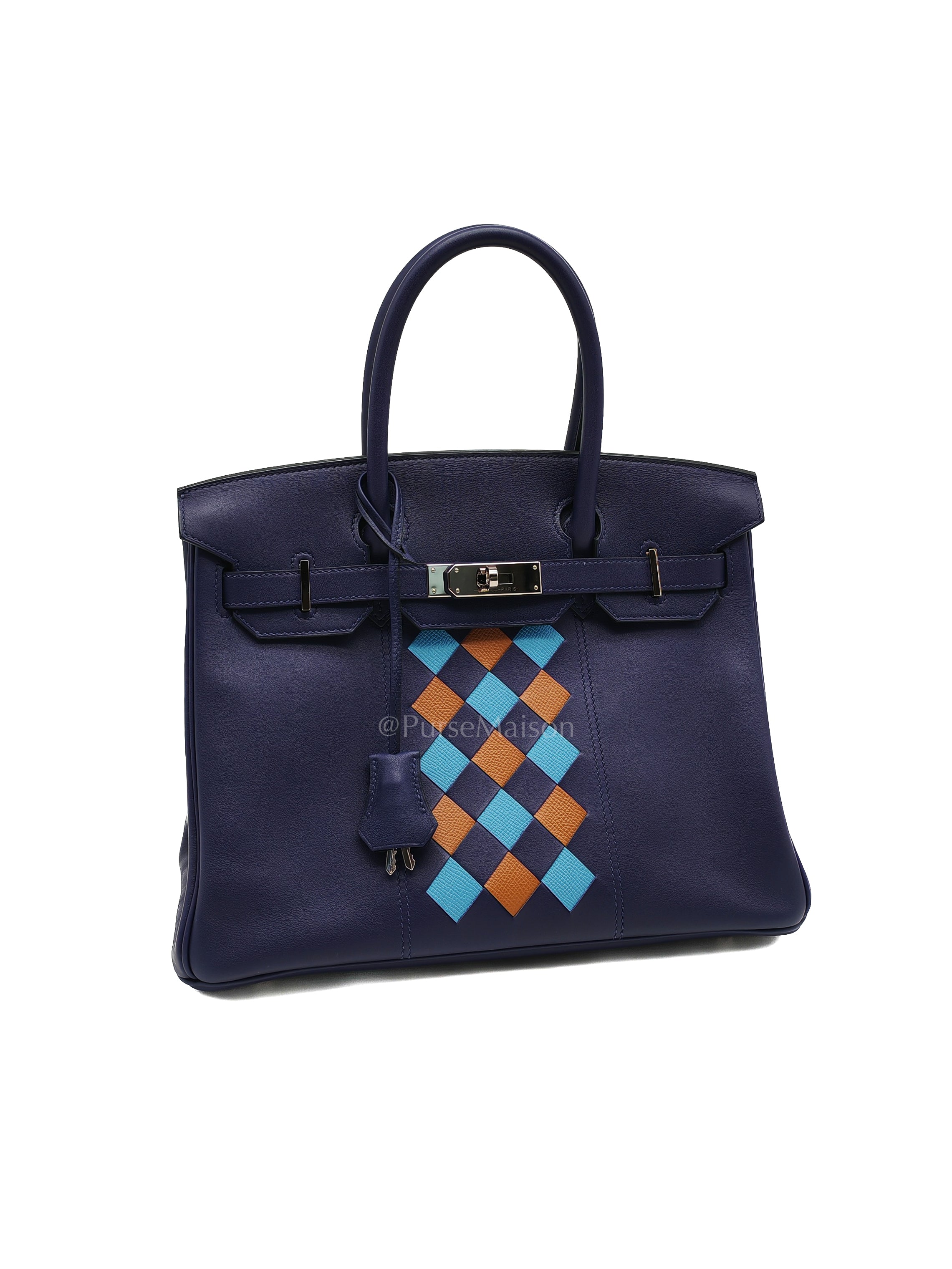 Birkin 30 Retourne in Tressage de Cuir Blue Du Nord/Bleu Encre Epsom in Swift Leather and Palladium Hardware Stamp D (2019) | Purse Maison Luxury Bags Shop