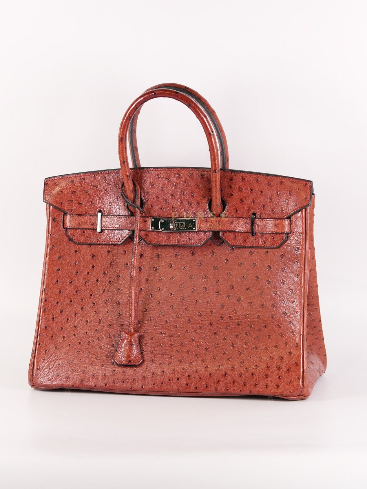 Birkin 35 Retourne Rouge in Ostrich Leather and Palladium Hardware Stamp Square D (2000) | Purse Maison Luxury Bags Shop