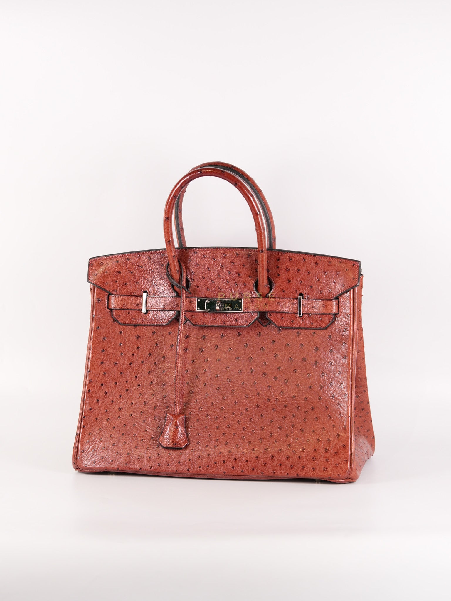 Birkin 35 Retourne Rouge in Ostrich Leather and Palladium Hardware Stamp Square D (2000) | Purse Maison Luxury Bags Shop