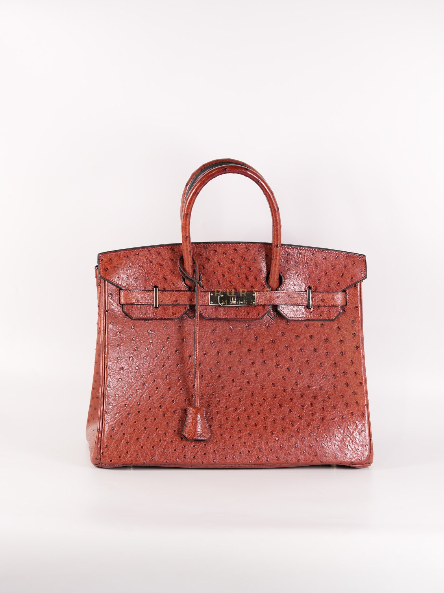 Birkin 35 Retourne Rouge in Ostrich Leather and Palladium Hardware Stamp Square D (2000) | Purse Maison Luxury Bags Shop