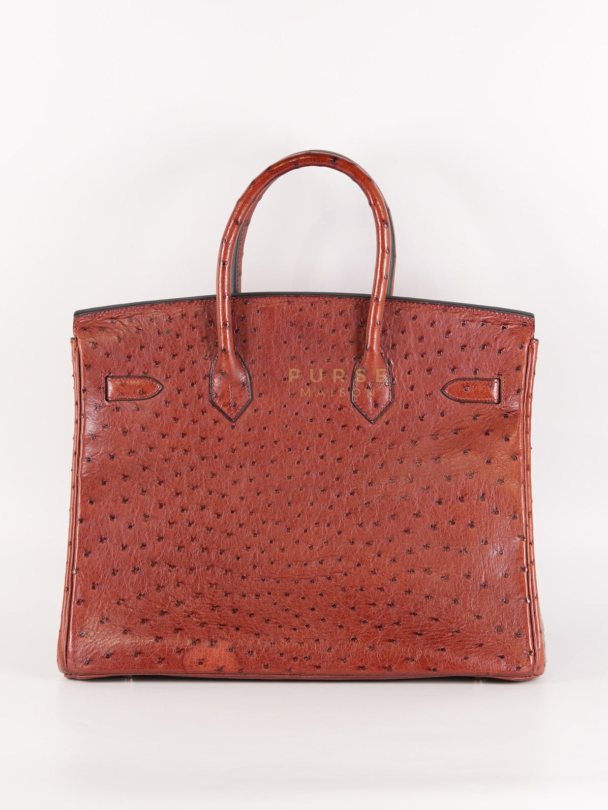 Birkin 35 Retourne Rouge in Ostrich Leather and Palladium Hardware Stamp Square D (2000) | Purse Maison Luxury Bags Shop