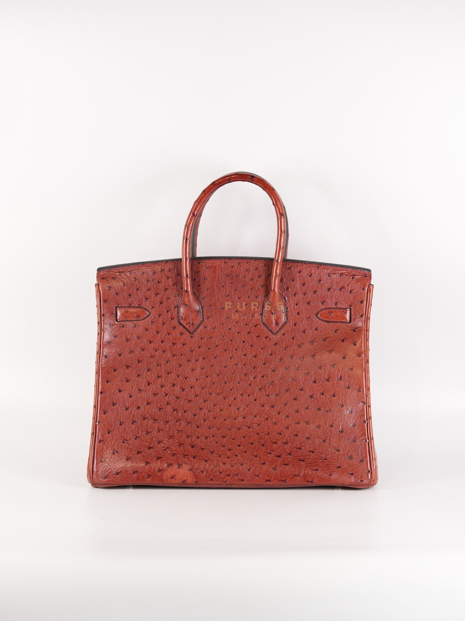 Birkin 35 Retourne Rouge in Ostrich Leather and Palladium Hardware Stamp Square D (2000) | Purse Maison Luxury Bags Shop