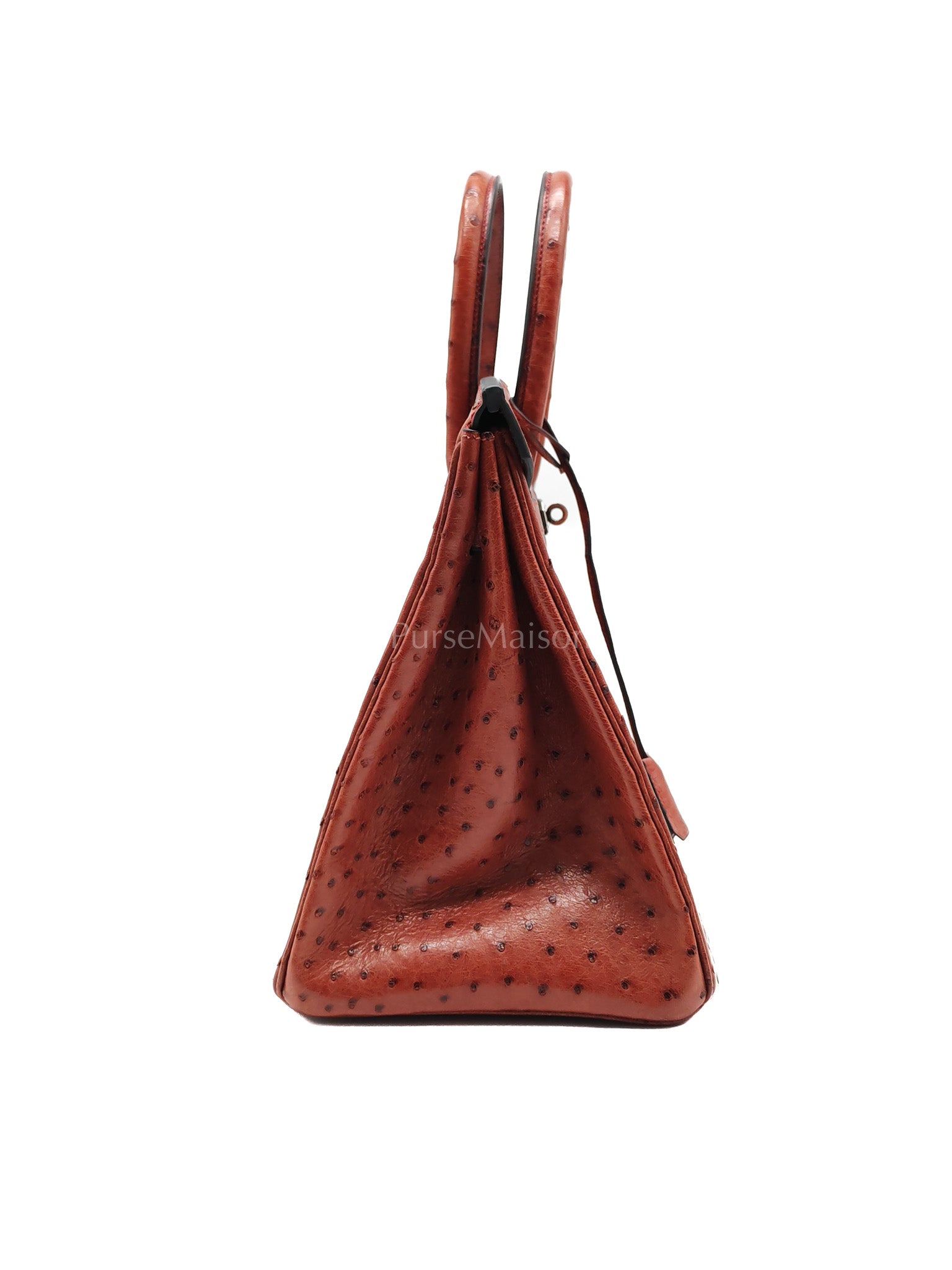 Birkin 35 Retourne Rouge in Ostrich Leather and Palladium Hardware Stamp Square D (2000) | Purse Maison Luxury Bags Shop