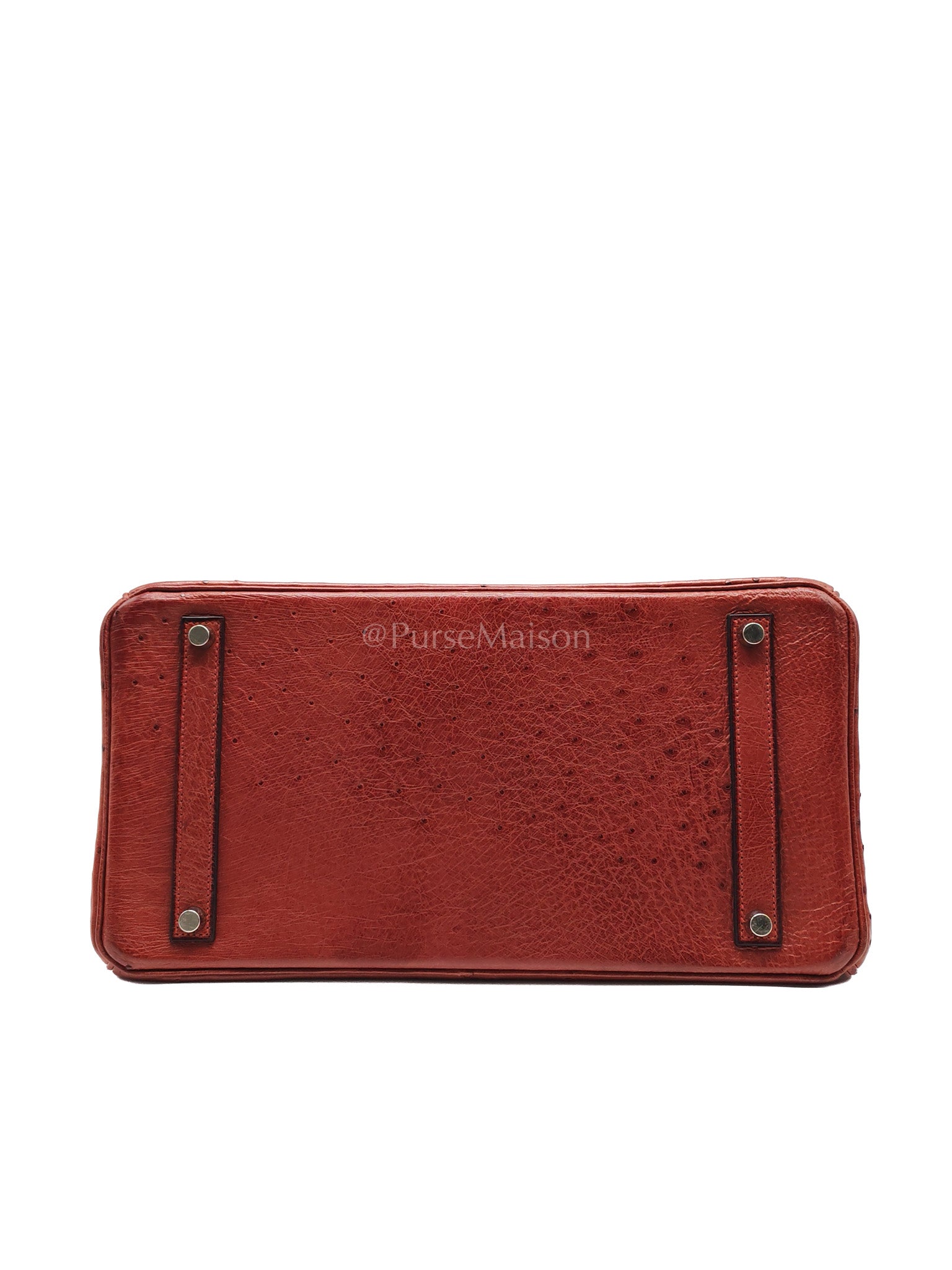 Birkin 35 Retourne Rouge in Ostrich Leather and Palladium Hardware Stamp Square D (2000) | Purse Maison Luxury Bags Shop