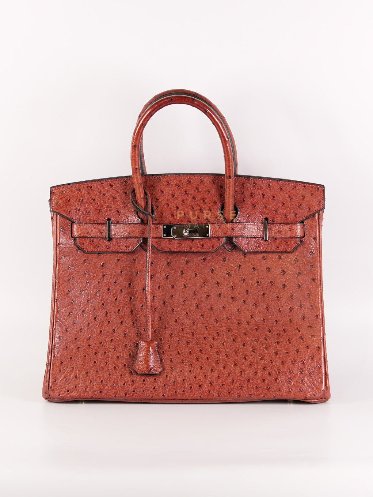 Birkin 35 Retourne Rouge in Ostrich Leather and Palladium Hardware Stamp Square D (2000) | Purse Maison Luxury Bags Shop