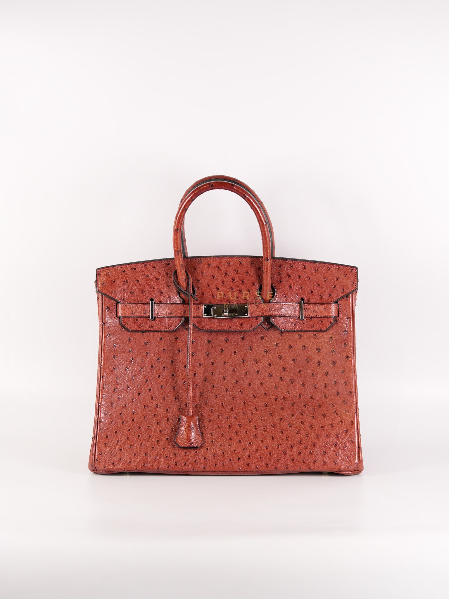 Birkin 35 Retourne Rouge in Ostrich Leather and Palladium Hardware Stamp Square D (2000) | Purse Maison Luxury Bags Shop