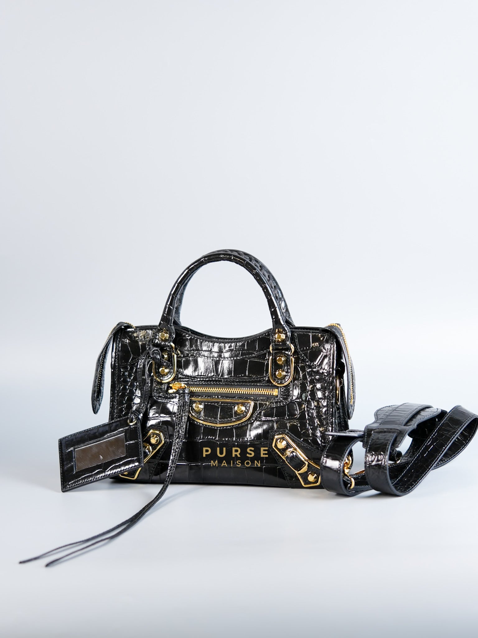 Black Croc Embossed Leather Small City Metallic Edge Bag | Purse Maison Luxury Bags Shop