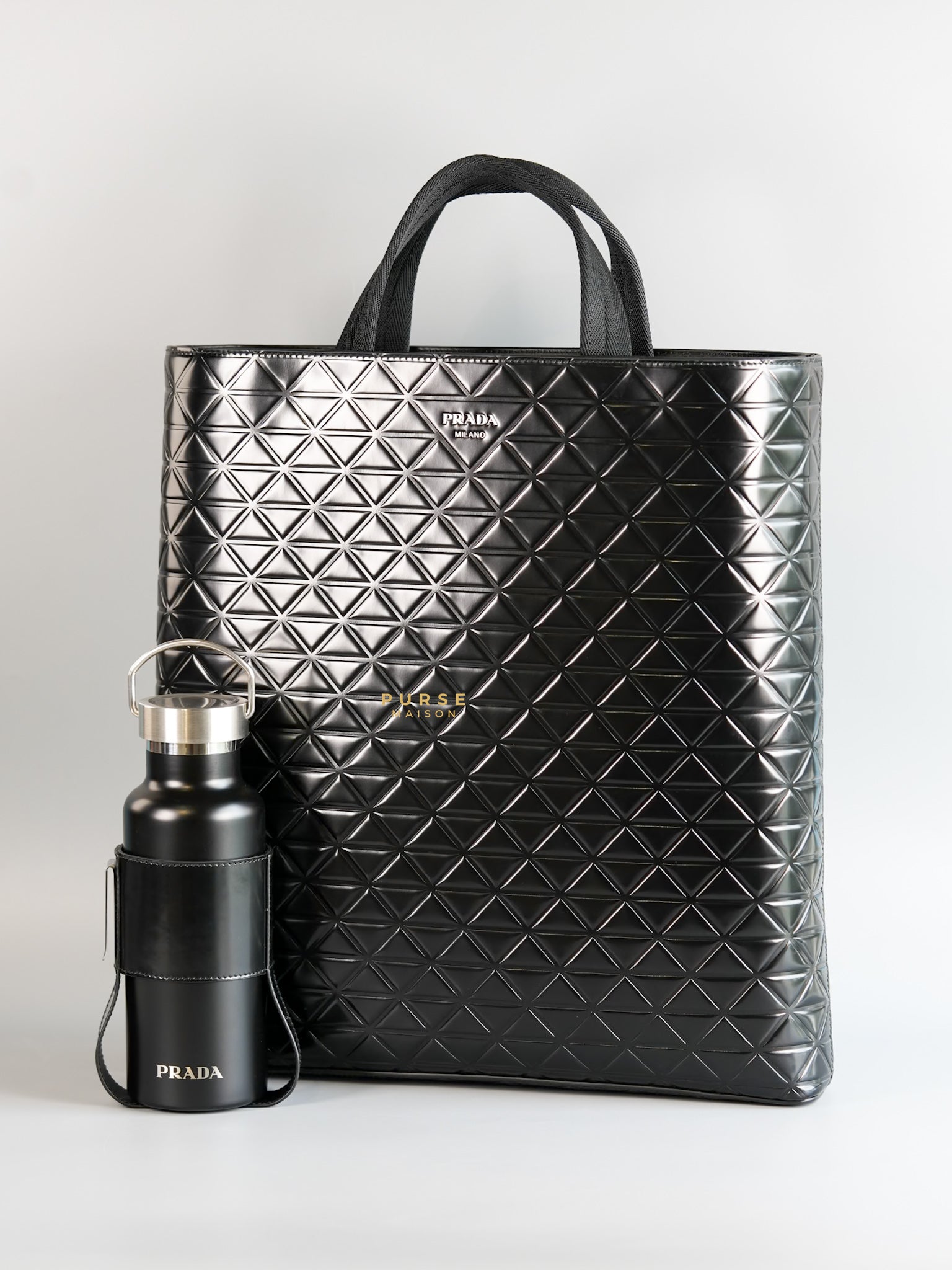 Black Embossed-Printed Shopping Bag with Detachable Water Bottle | Purse Maison Luxury Bags Shop