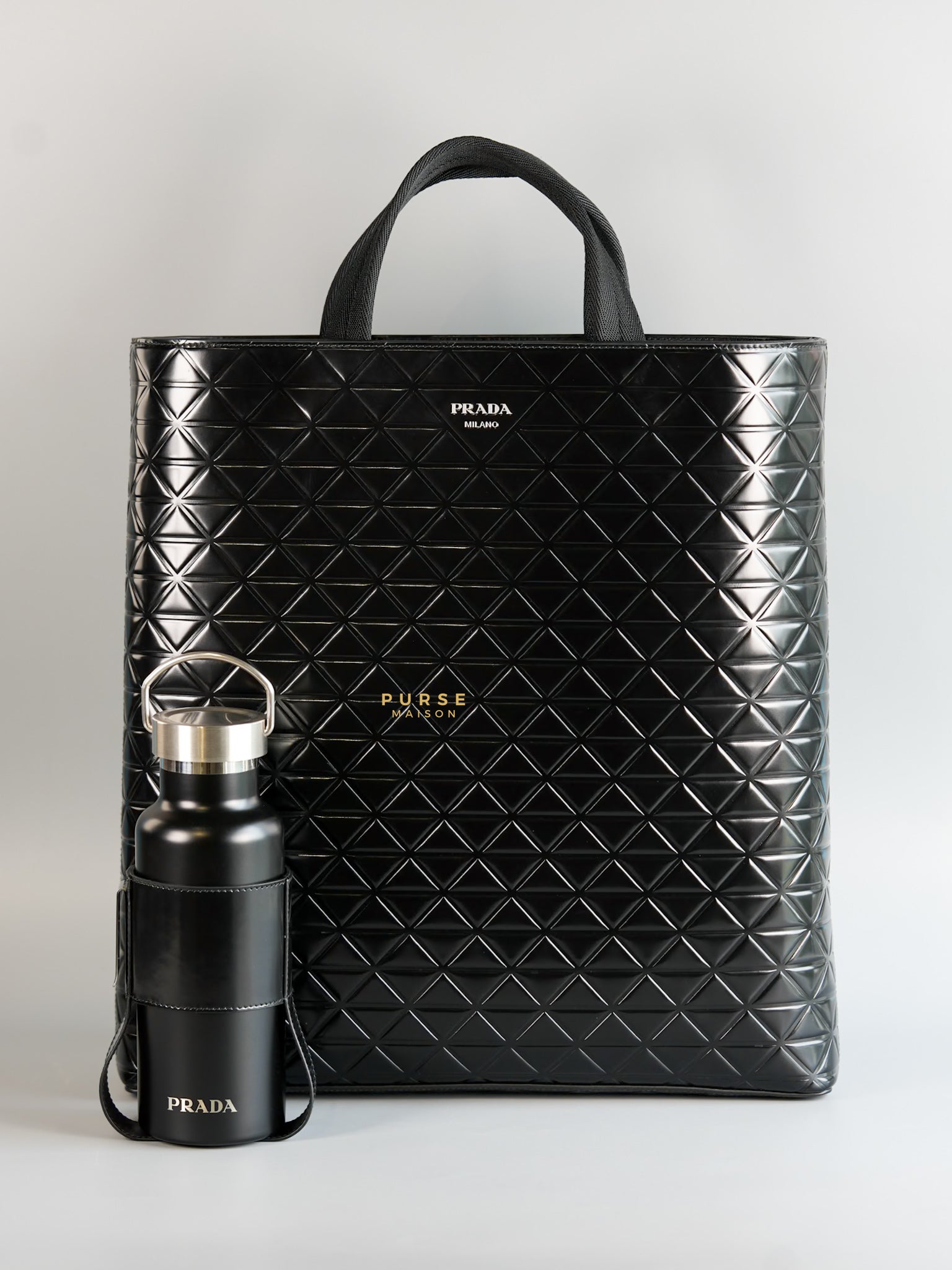 Black Embossed-Printed Shopping Bag with Detachable Water Bottle | Purse Maison Luxury Bags Shop