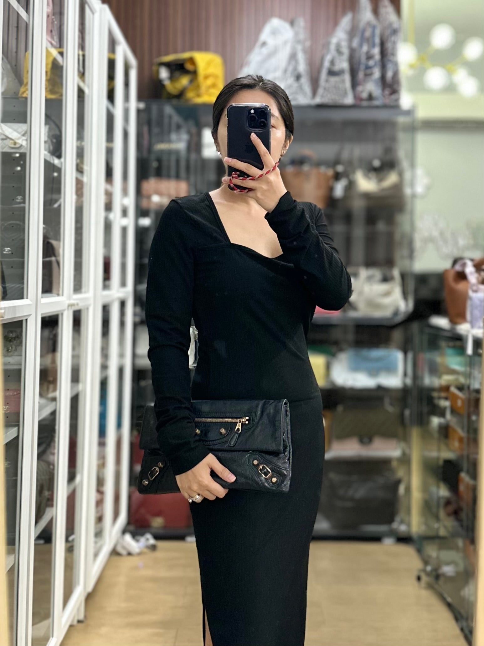 Balenciaga Metallic Edge Black Envelope Clutch Purse