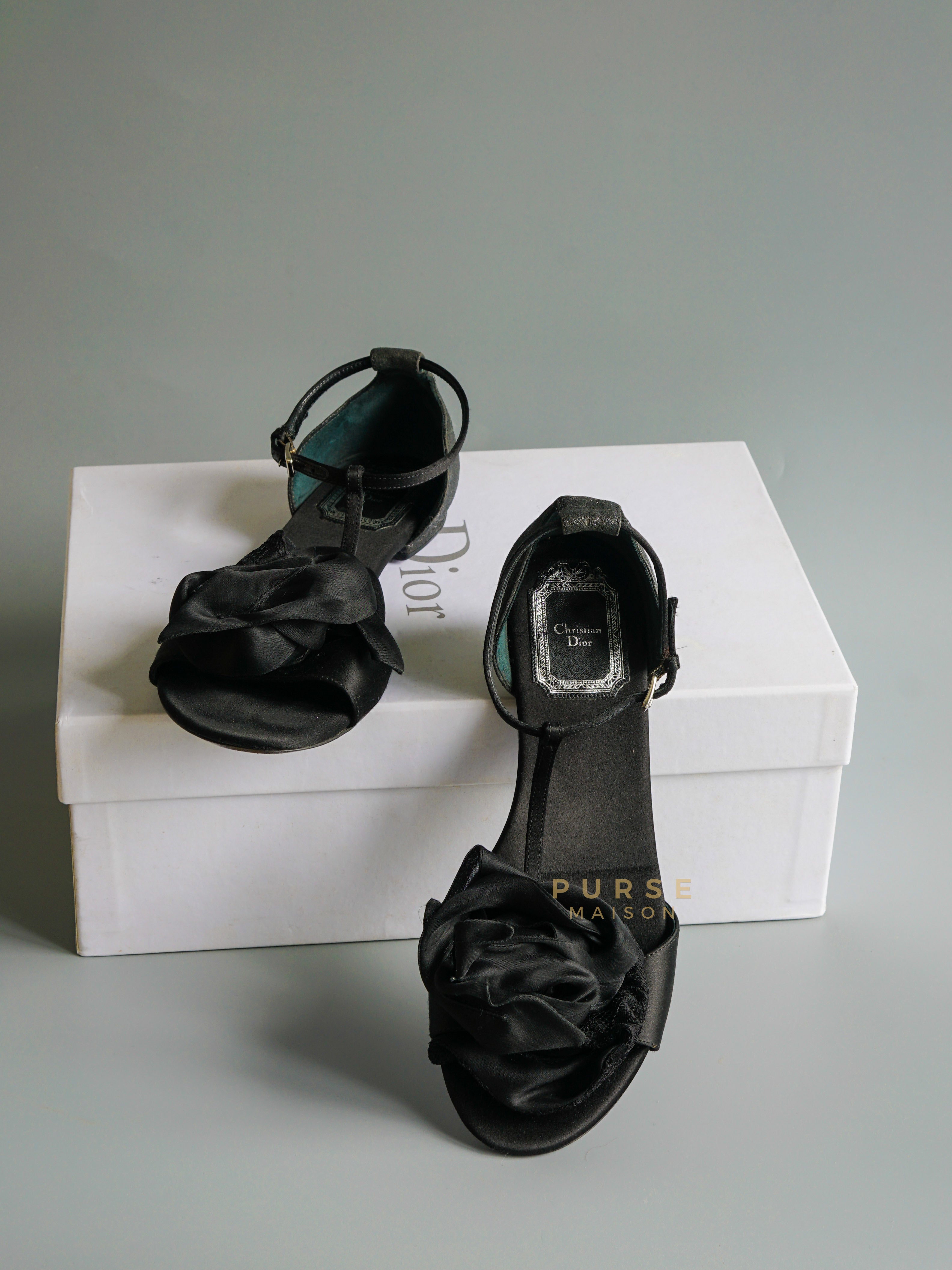 Black Glitter and Satin Detail Anklet Strap Sandals Size 35.5 | Purse Maison Luxury Bags Shop