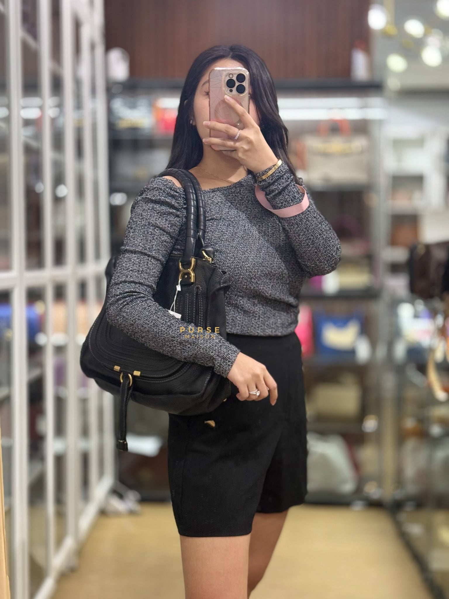 Black Leather Medium Marcie Satchel Bag | Purse Maison Luxury Bags Shop