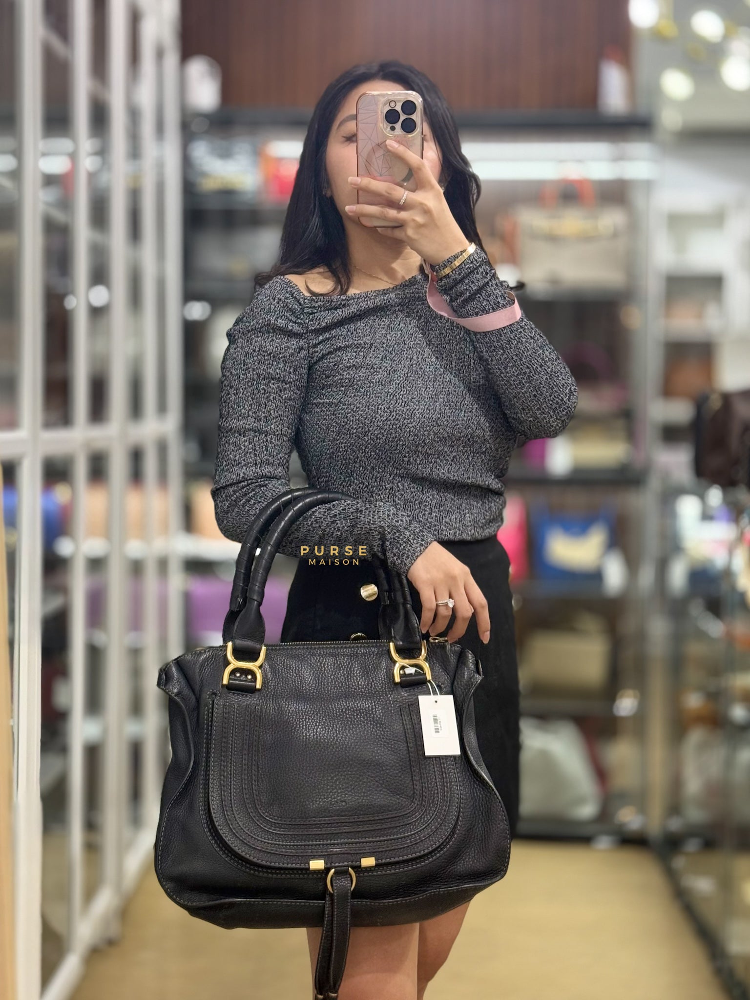 Black Leather Medium Marcie Satchel Bag | Purse Maison Luxury Bags Shop