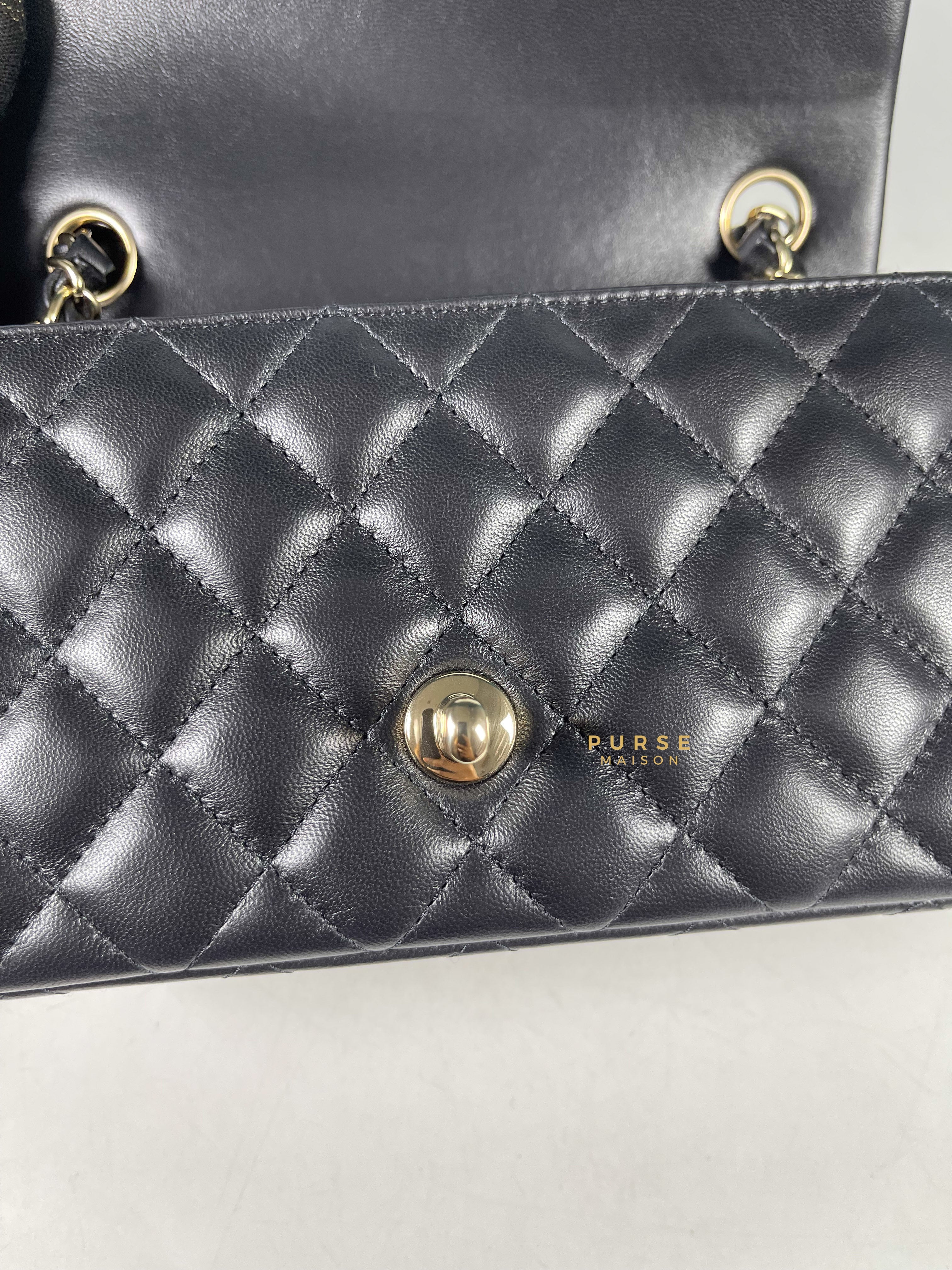 Chanel Black Mini Rectangle in Quilted Black Lambskin and Light Gold Hardware (Microchip) | Purse Maison Luxury Bags Shop