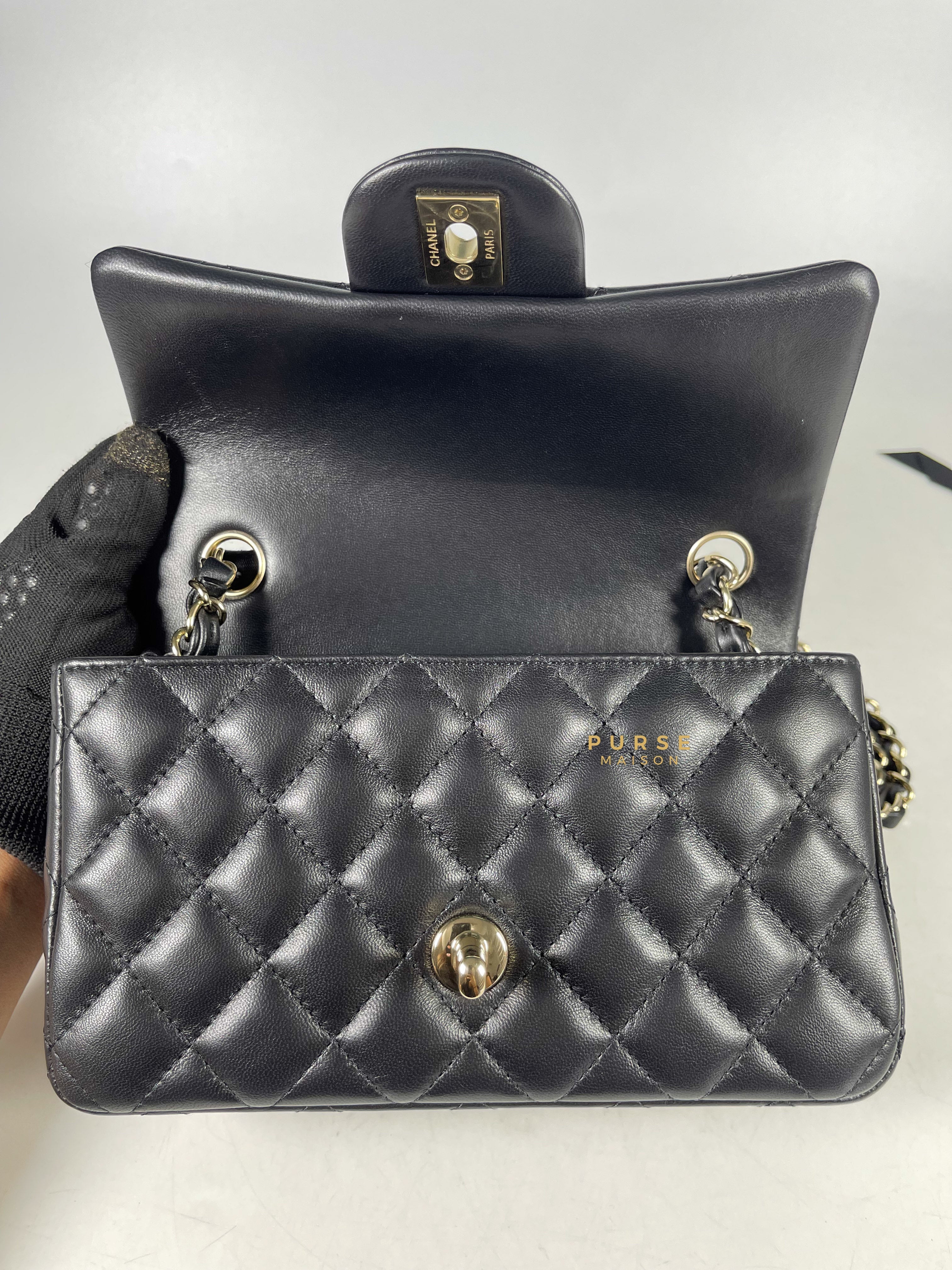 Chanel Black Mini Rectangle in Quilted Black Lambskin and Light Gold Hardware (Microchip) | Purse Maison Luxury Bags Shop