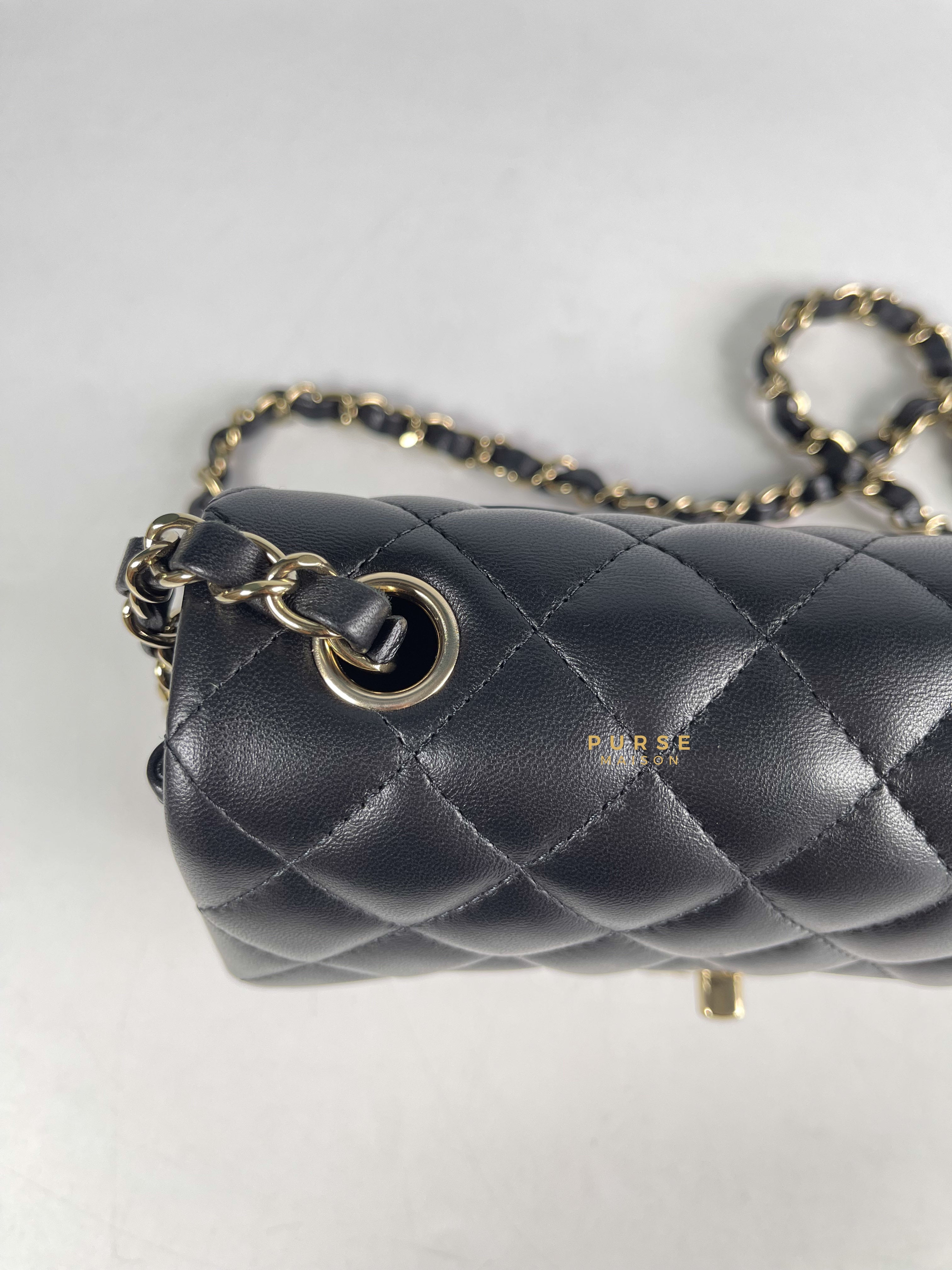 Chanel Black Mini Rectangle in Quilted Black Lambskin and Light Gold Hardware (Microchip) | Purse Maison Luxury Bags Shop