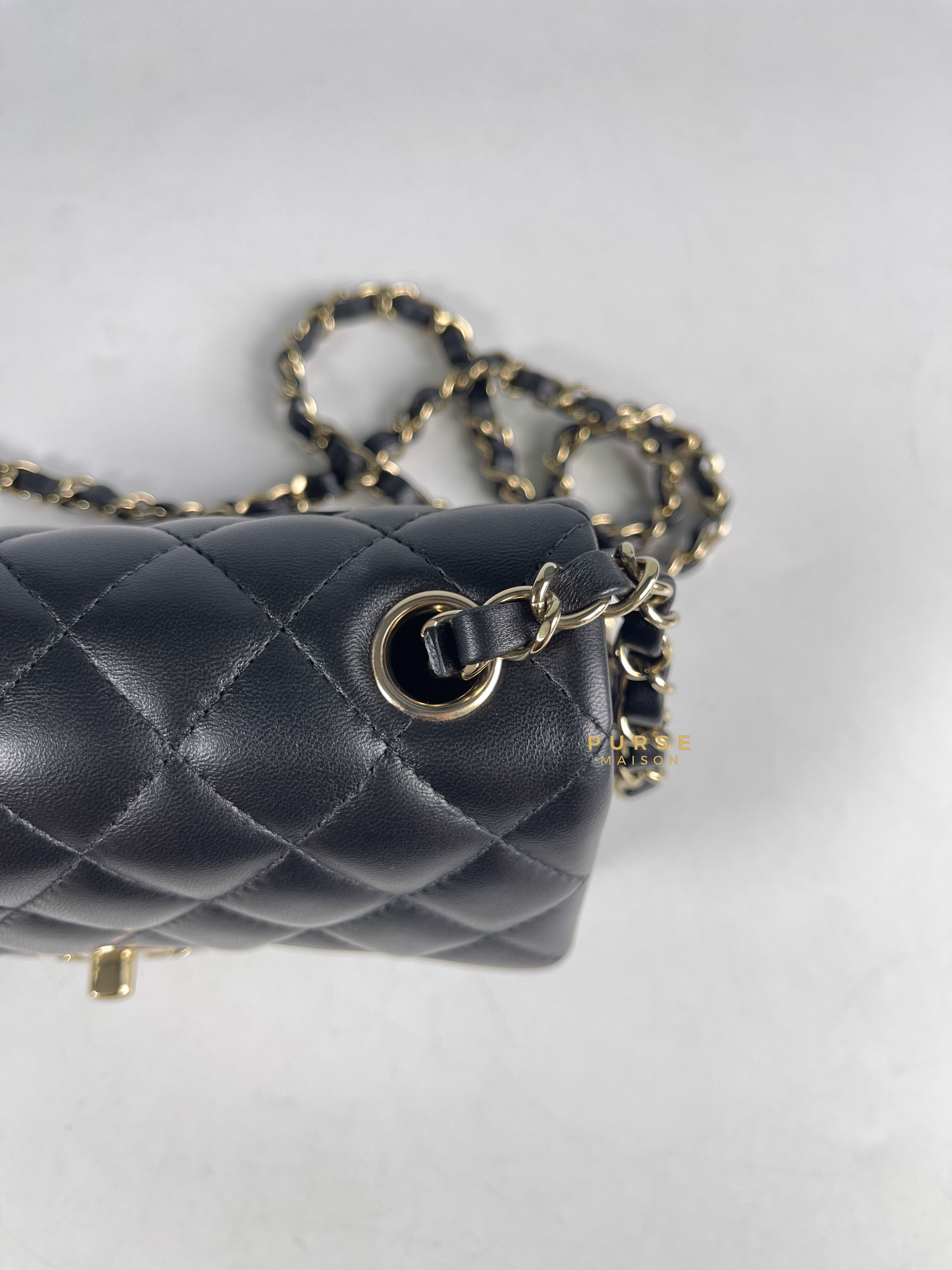 Chanel Black Mini Rectangle in Quilted Black Lambskin and Light Gold Hardware (Microchip) | Purse Maison Luxury Bags Shop