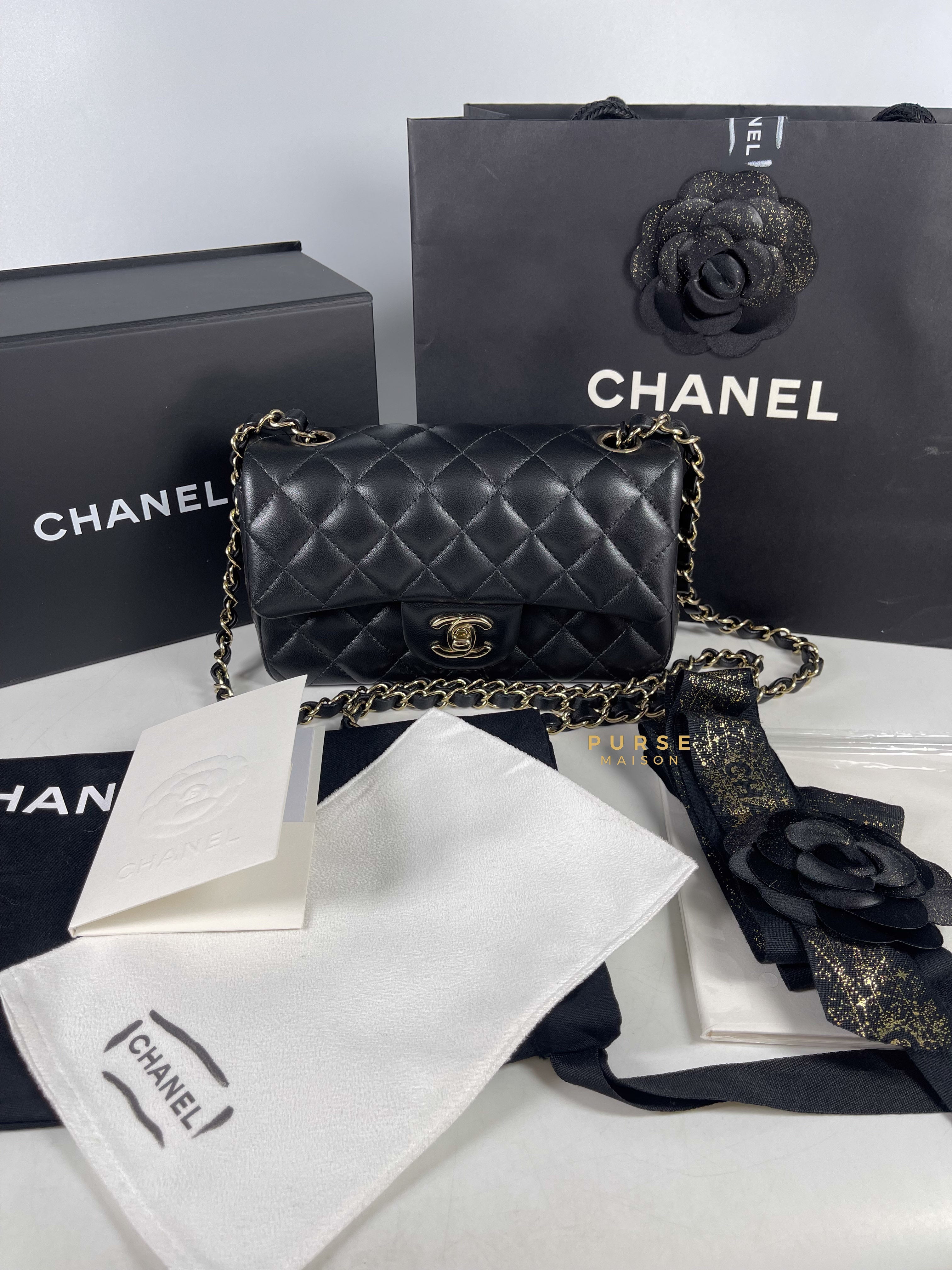 Chanel Black Mini Rectangle in Quilted Black Lambskin and Light Gold Hardware (Microchip) | Purse Maison Luxury Bags Shop