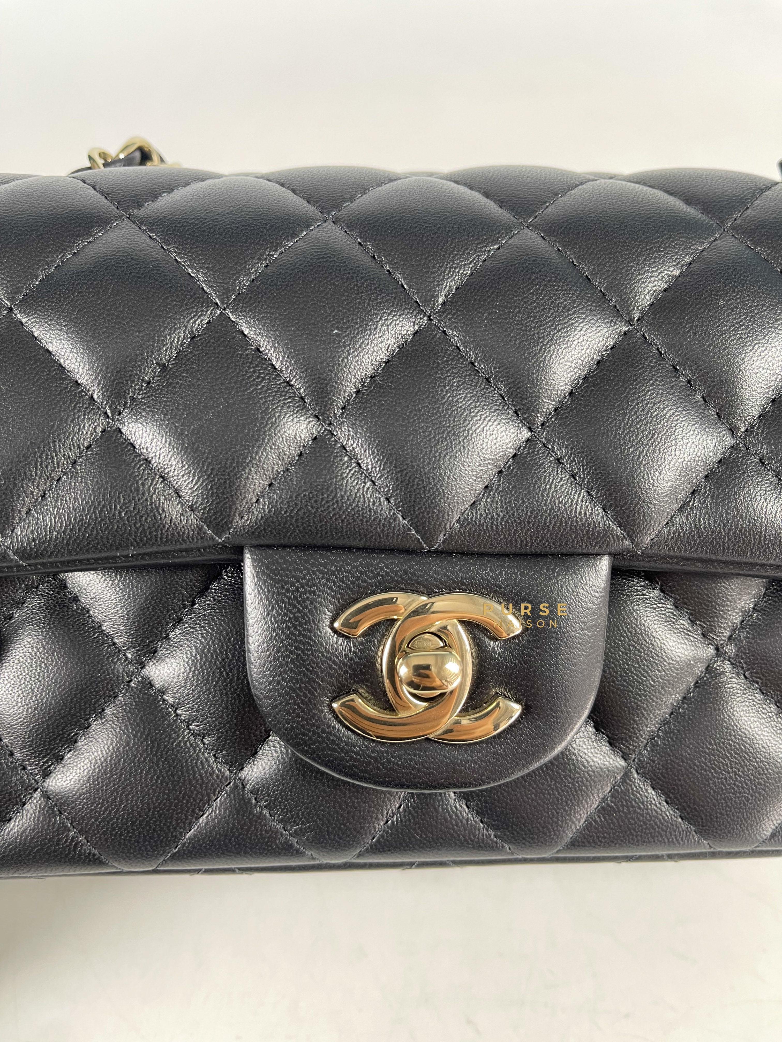 Chanel Black Mini Rectangle in Quilted Black Lambskin and Light Gold Hardware (Microchip) | Purse Maison Luxury Bags Shop