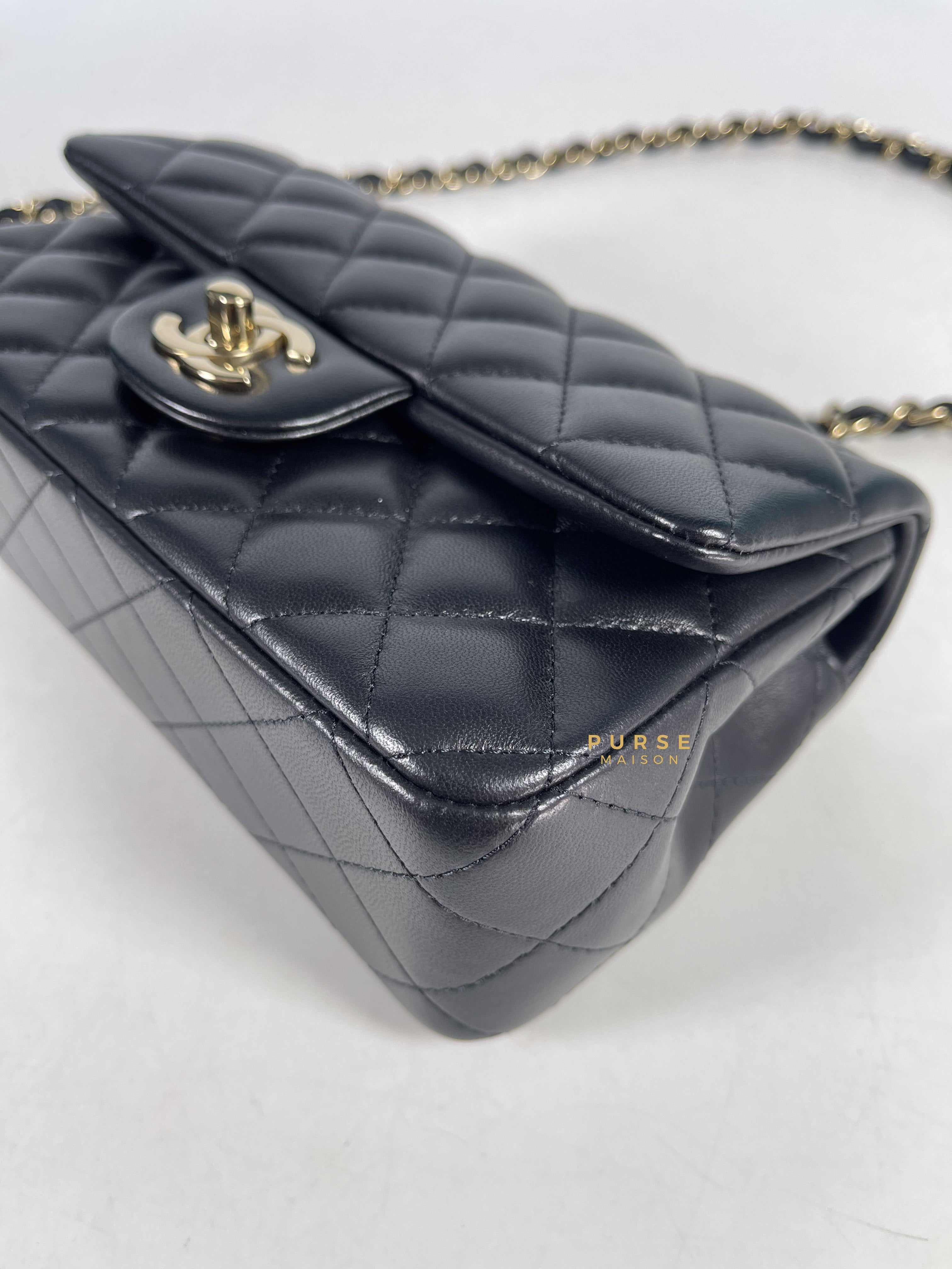 Chanel Black Mini Rectangle in Quilted Black Lambskin and Light Gold Hardware (Microchip) | Purse Maison Luxury Bags Shop