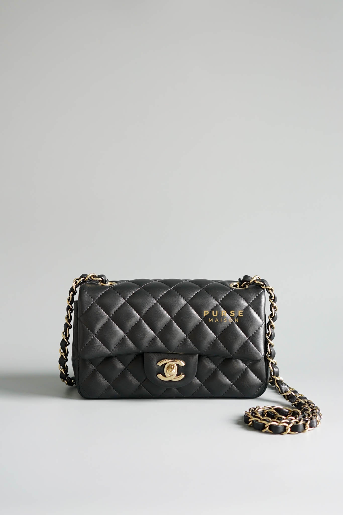 Chanel Black Mini Rectangle in Quilted Black Lambskin and Light Gold Hardware (Microchip) | Purse Maison Luxury Bags Shop