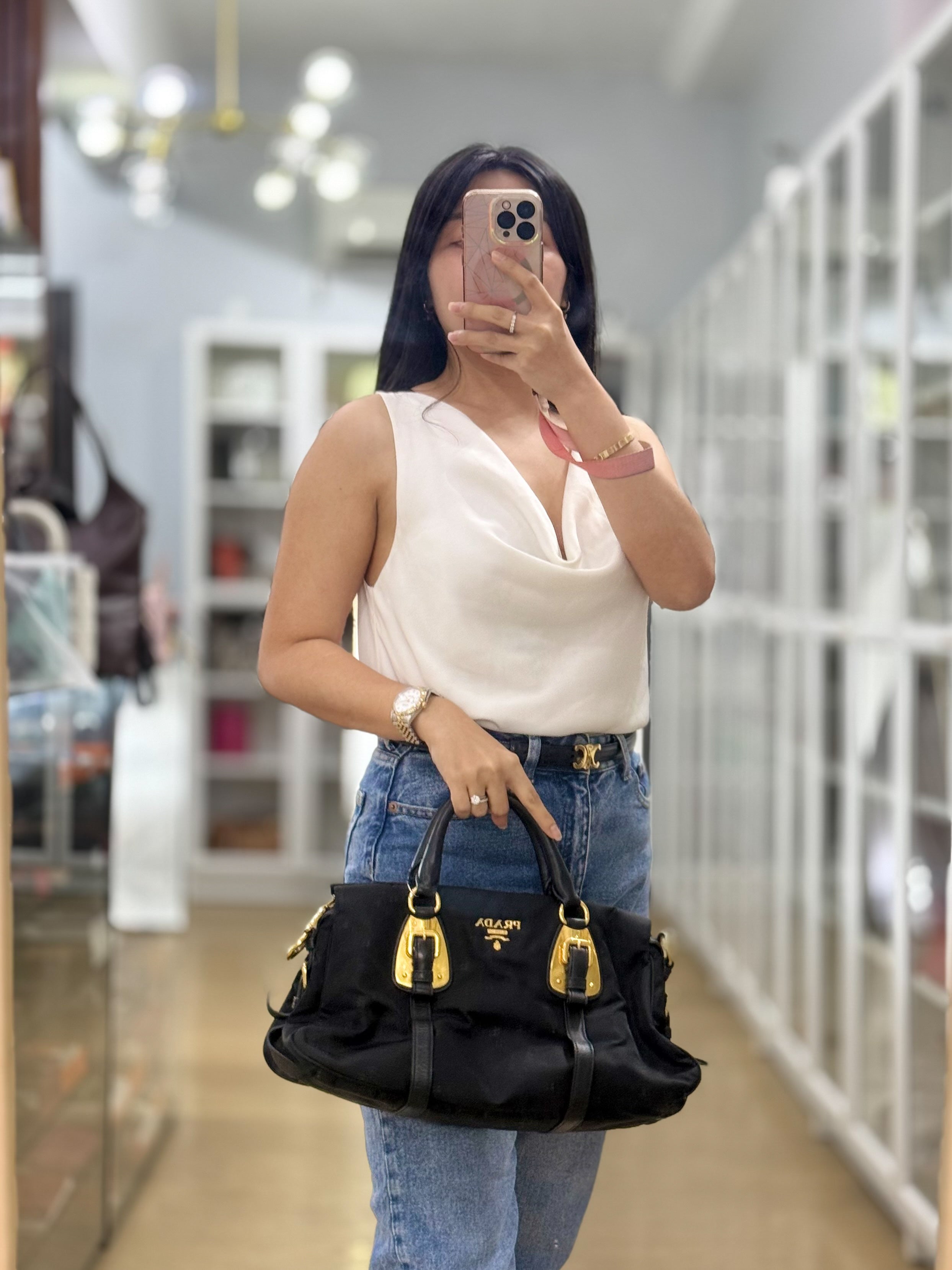 Black Nylon Tessuto And Leather Bauletto Shoulder Bag | Purse Maison Luxury Bags Shop