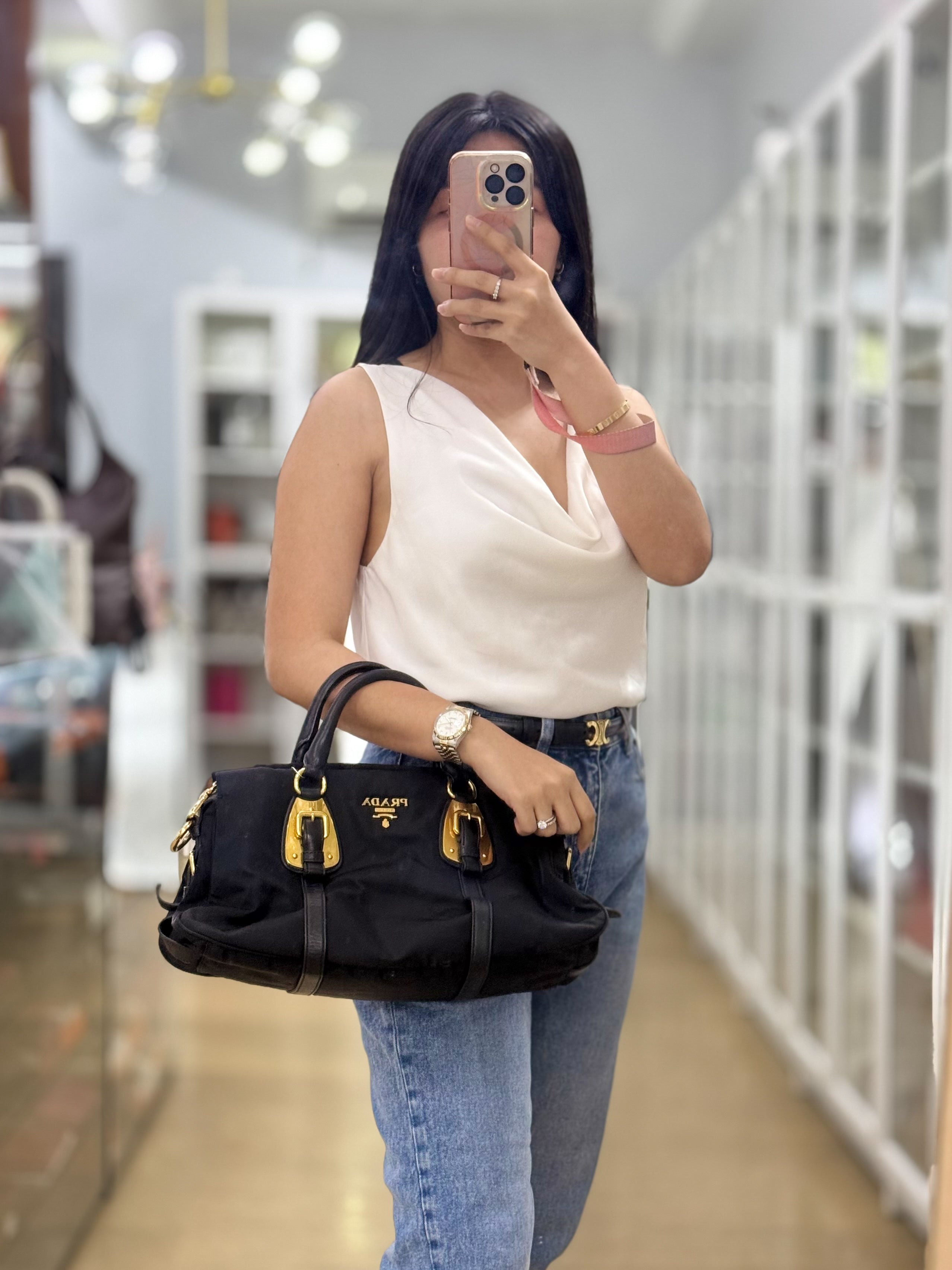 Black Nylon Tessuto And Leather Bauletto Shoulder Bag | Purse Maison Luxury Bags Shop