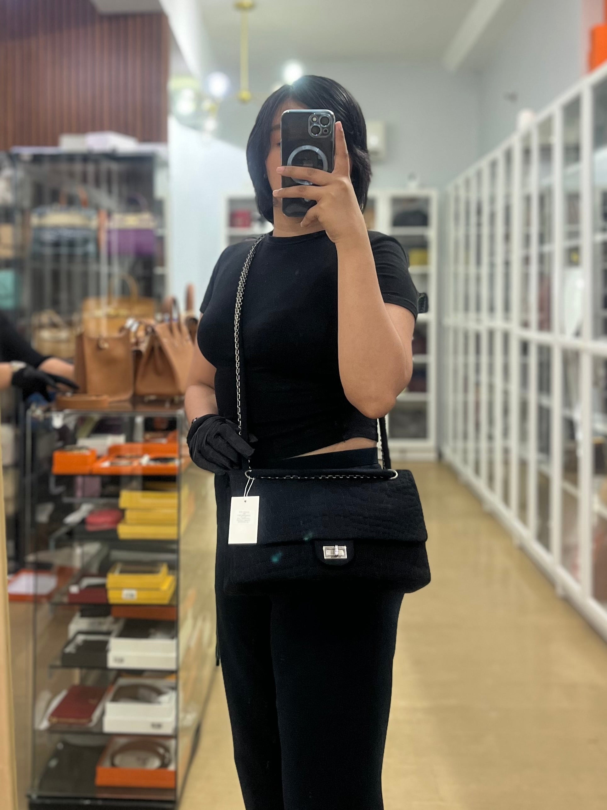 Black Reissue 2.55 Jersey Croco Quilt 227 Double Flap Ruthenium Hardware(Series 11) | Purse Maison Luxury Bags Shop