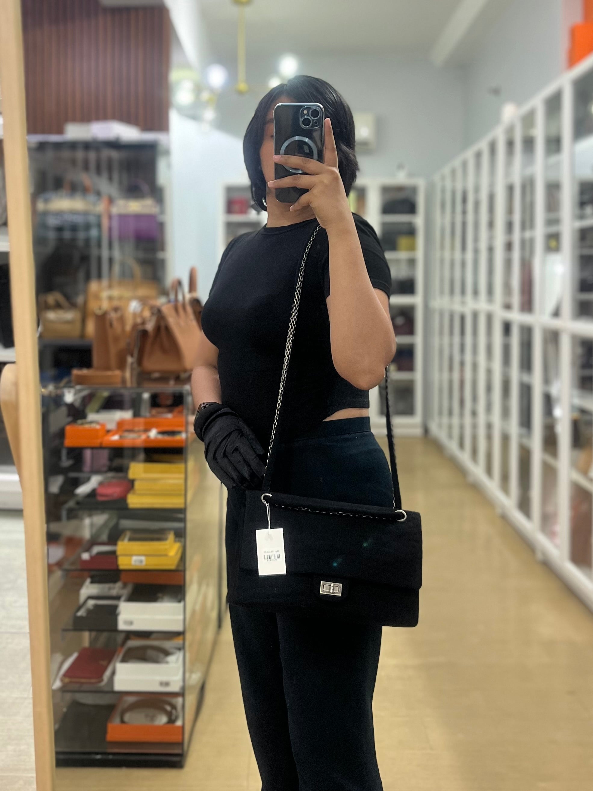Black Reissue 2.55 Jersey Croco Quilt 227 Double Flap Ruthenium Hardware(Series 11) | Purse Maison Luxury Bags Shop