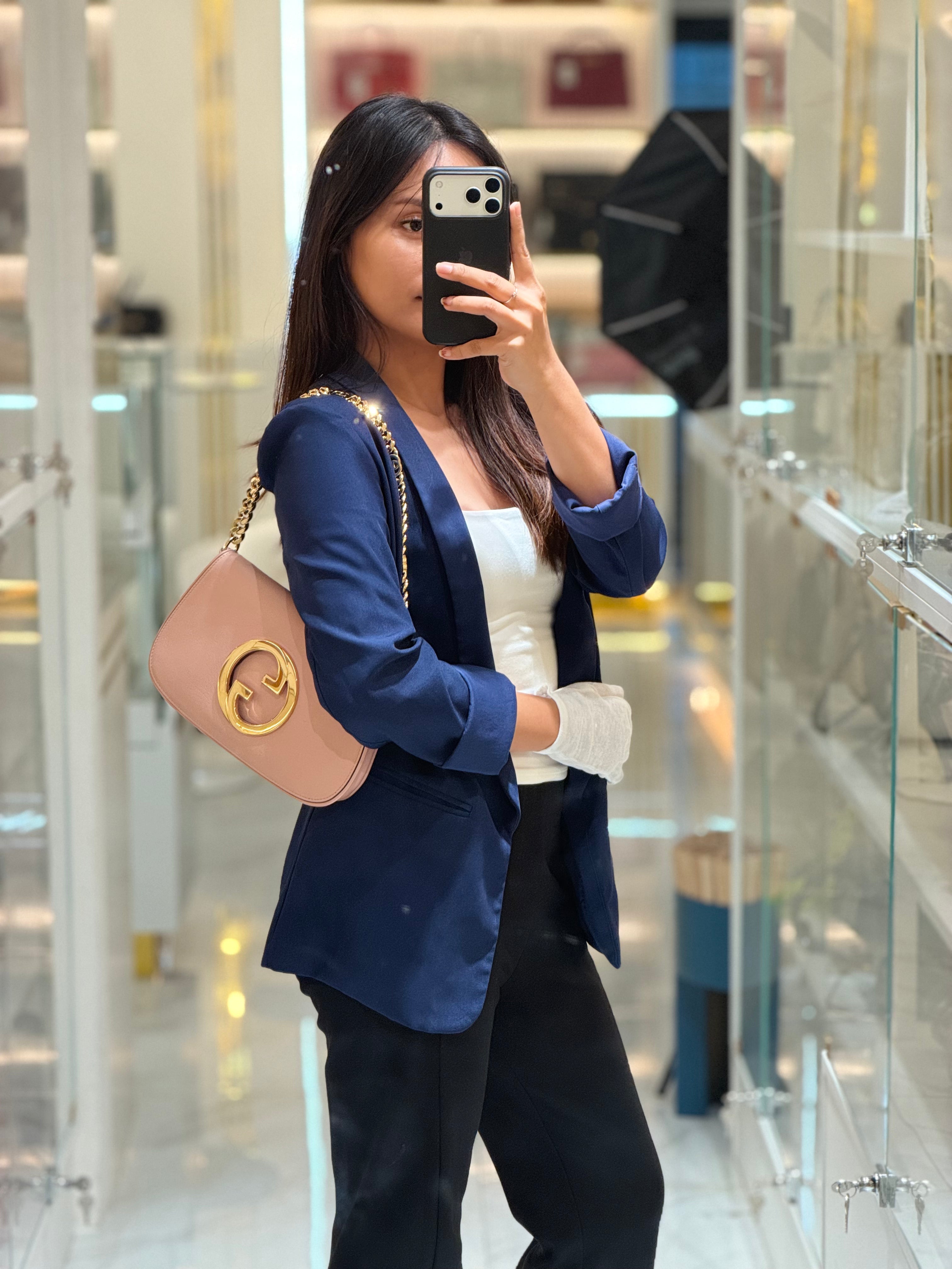 Blondie Shoulder Bag in Powder Pink Interlocking G Emblem Calfskin Leather | Purse Maison Luxury Bags Shop