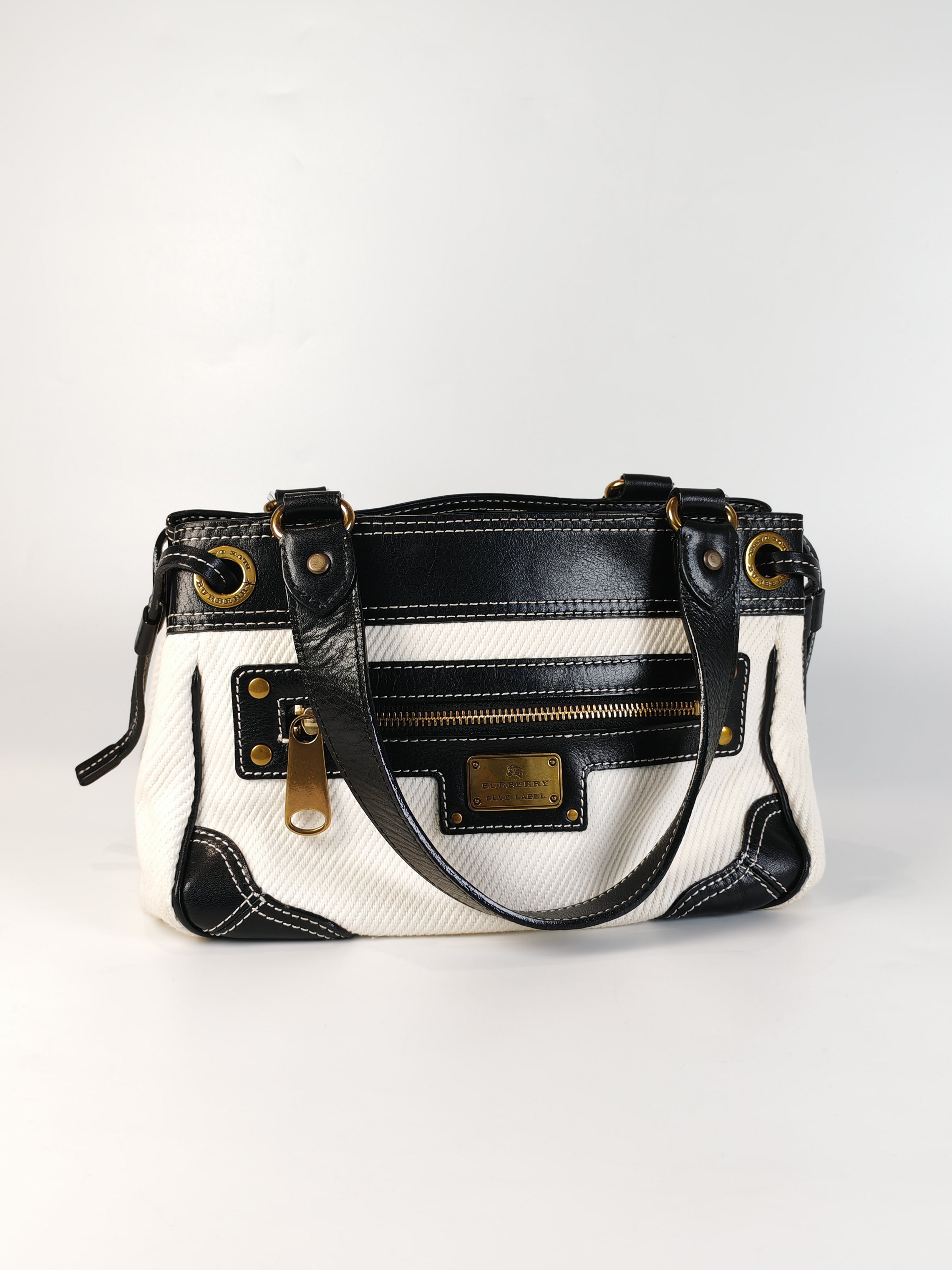 Blue Label Tote Bag in White Canvas with Black Leather Trim | Purse Maison Luxury Bags Shop