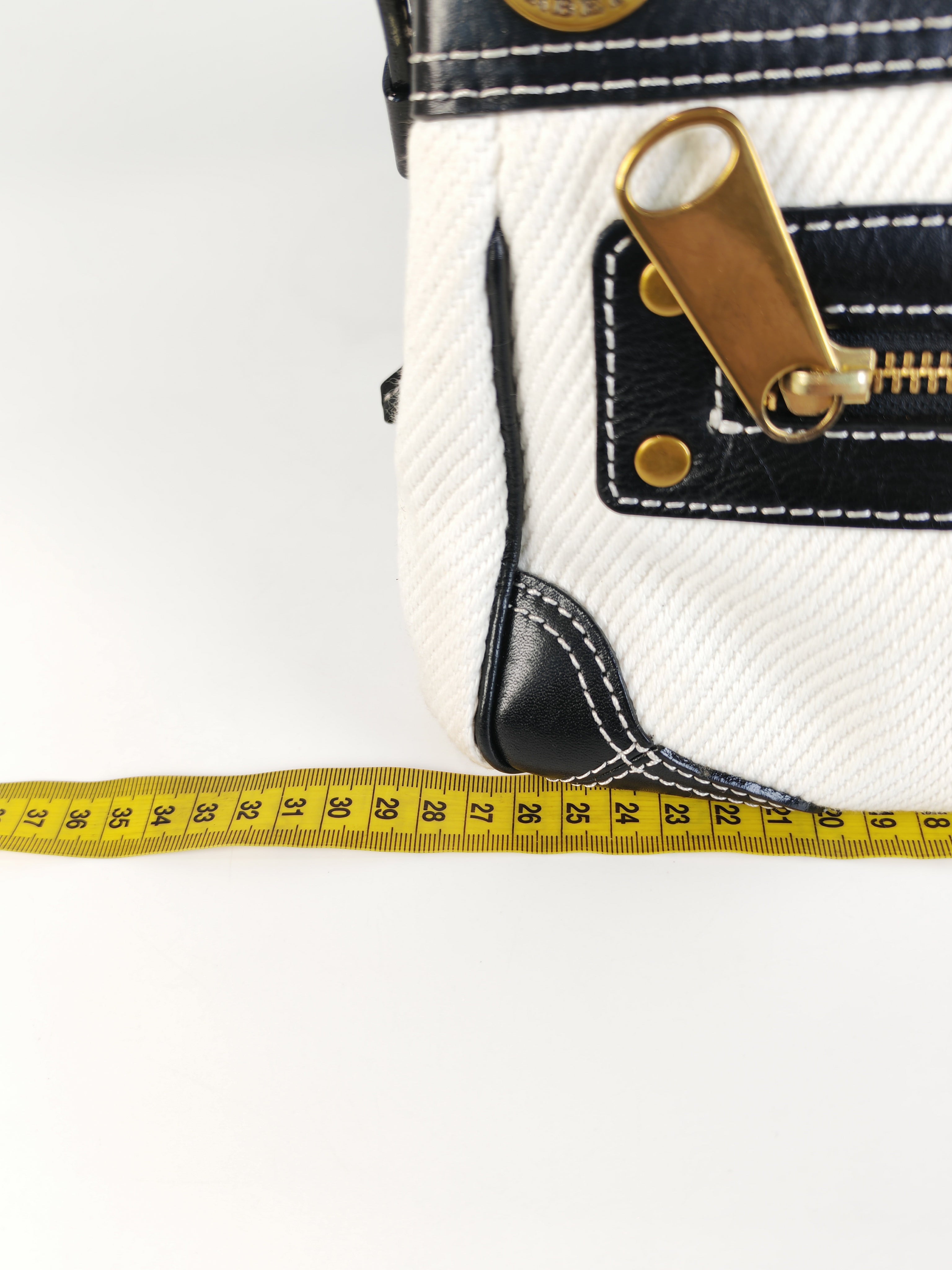 Blue Label Tote Bag in White Canvas with Black Leather Trim | Purse Maison Luxury Bags Shop