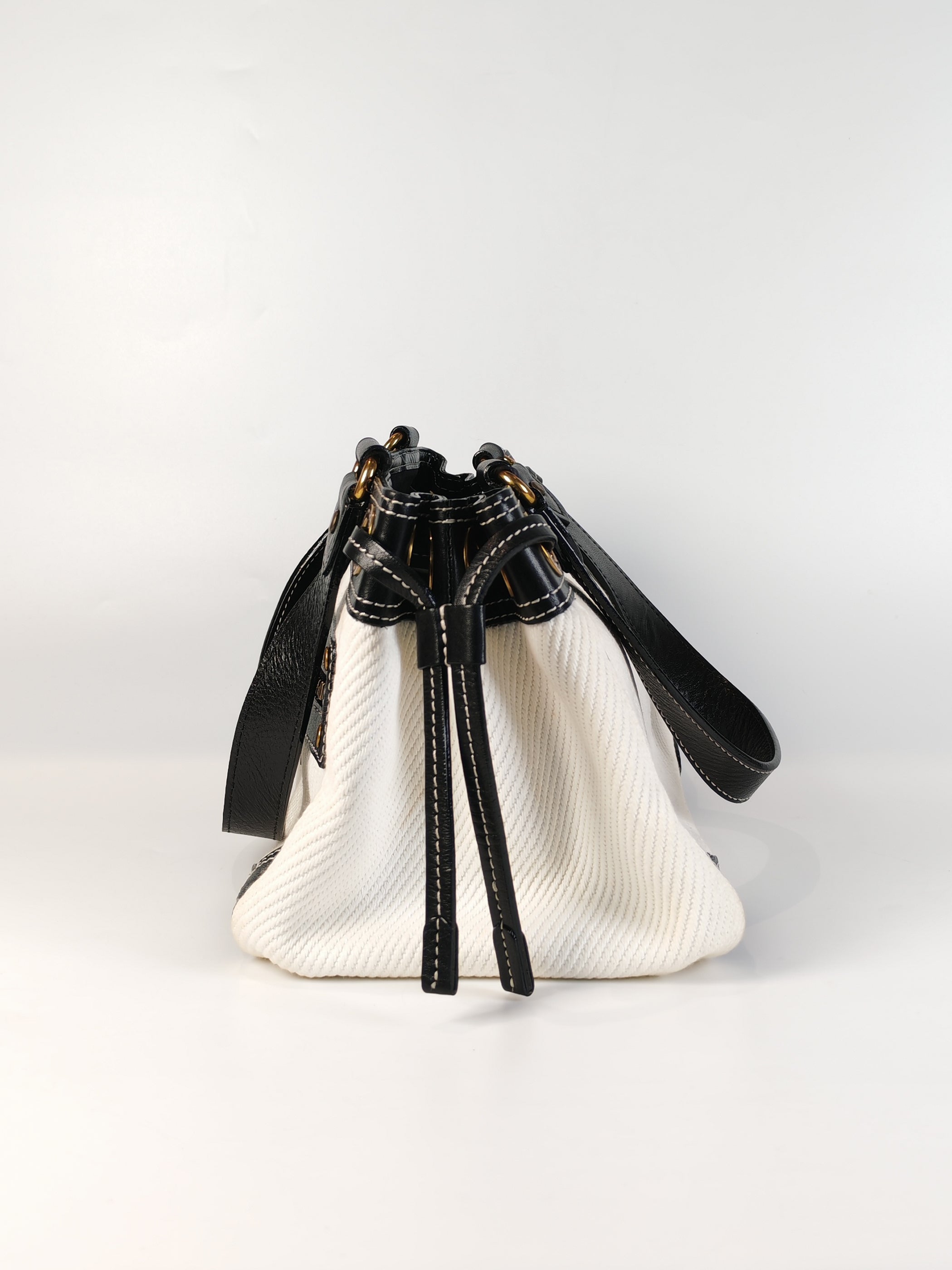 Blue Label Tote Bag in White Canvas with Black Leather Trim | Purse Maison Luxury Bags Shop