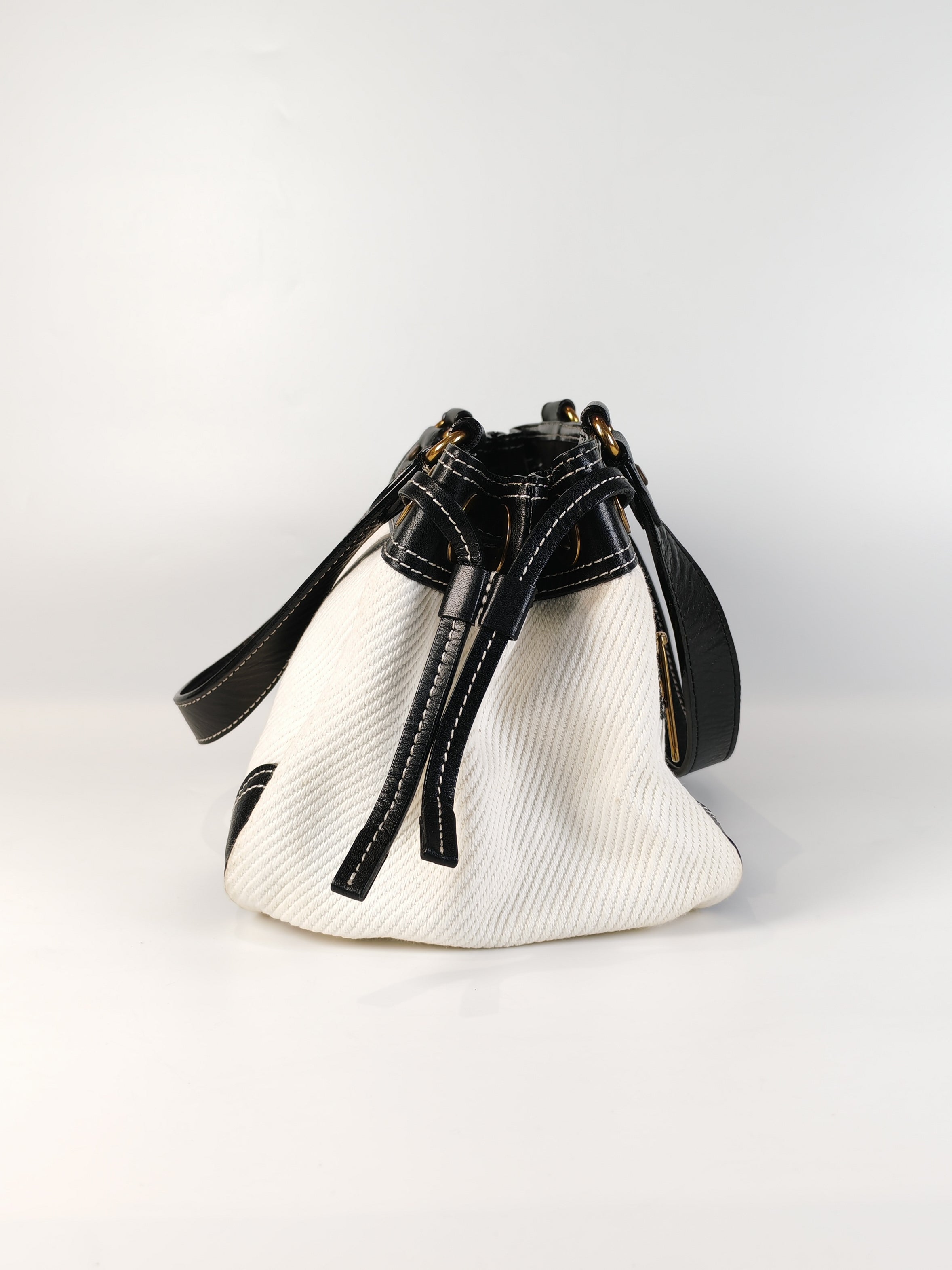 Blue Label Tote Bag in White Canvas with Black Leather Trim | Purse Maison Luxury Bags Shop