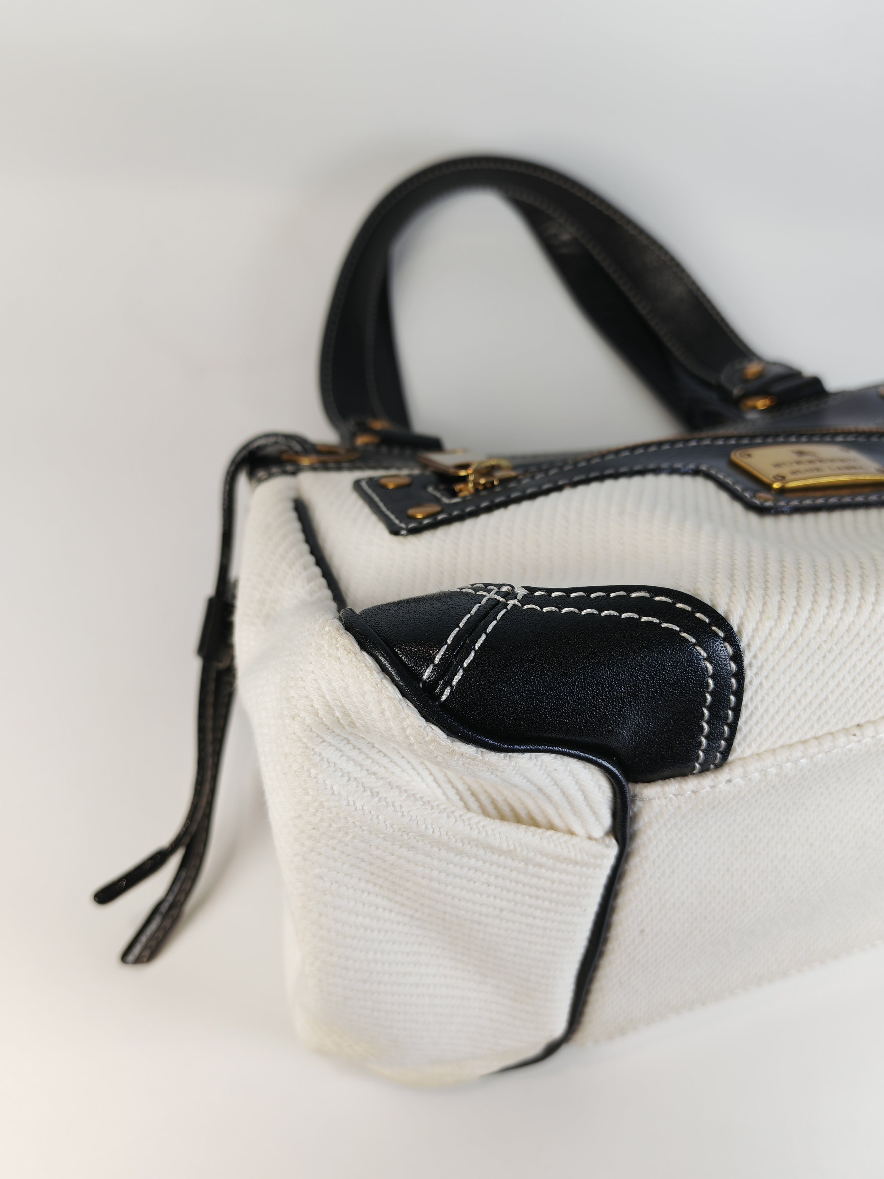 Blue Label Tote Bag in White Canvas with Black Leather Trim | Purse Maison Luxury Bags Shop