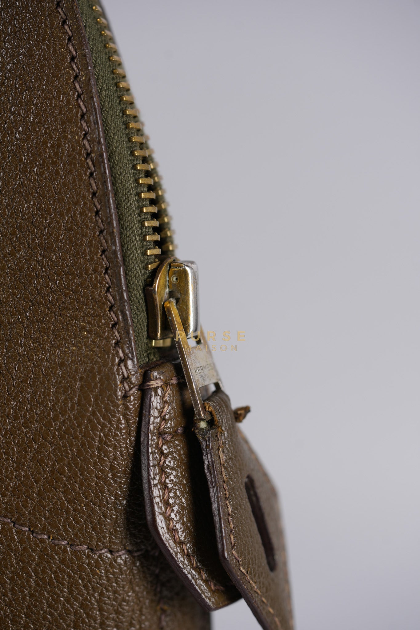 Bolide 35 in Dark Toupe Chèvre Mysore Leather Gold Hardware Stamp F Square(2002) | Purse Maison Luxury Bags Shop